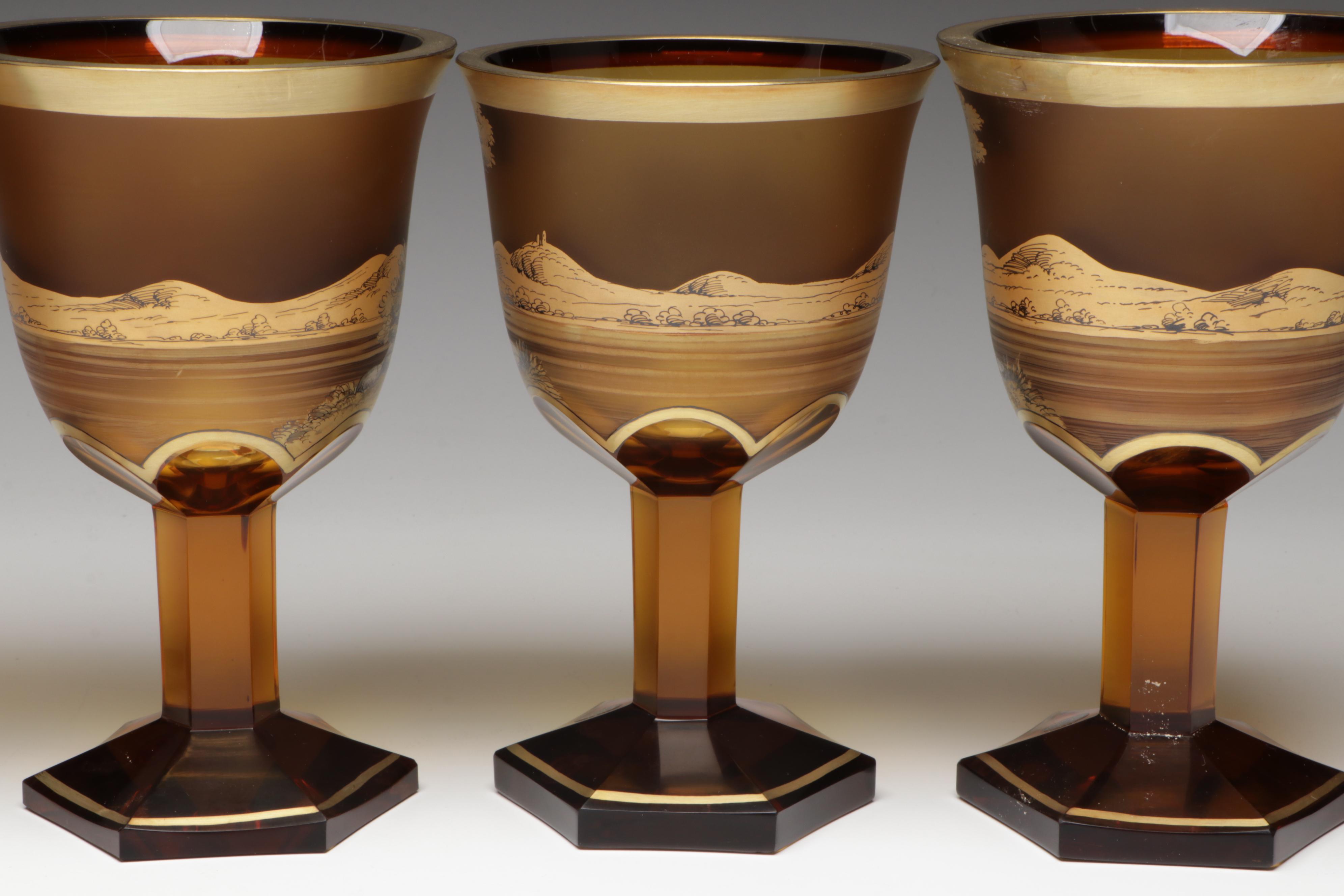 Crystalex Borocrystal Bohemian Style Amber Glass Goblets, Late 20th C