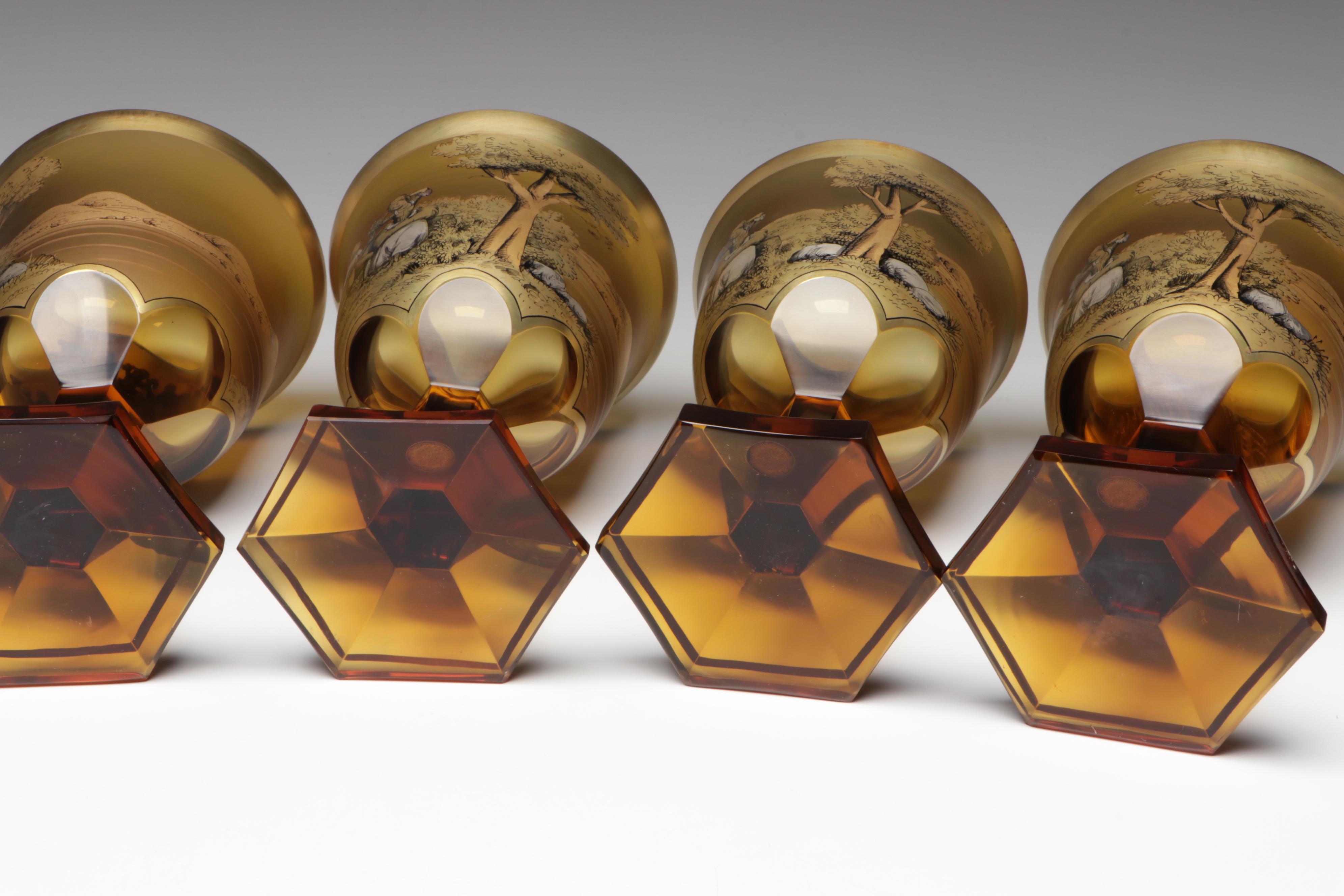 Crystalex Borocrystal Bohemian Style Amber Glass Goblets, Late 20th C