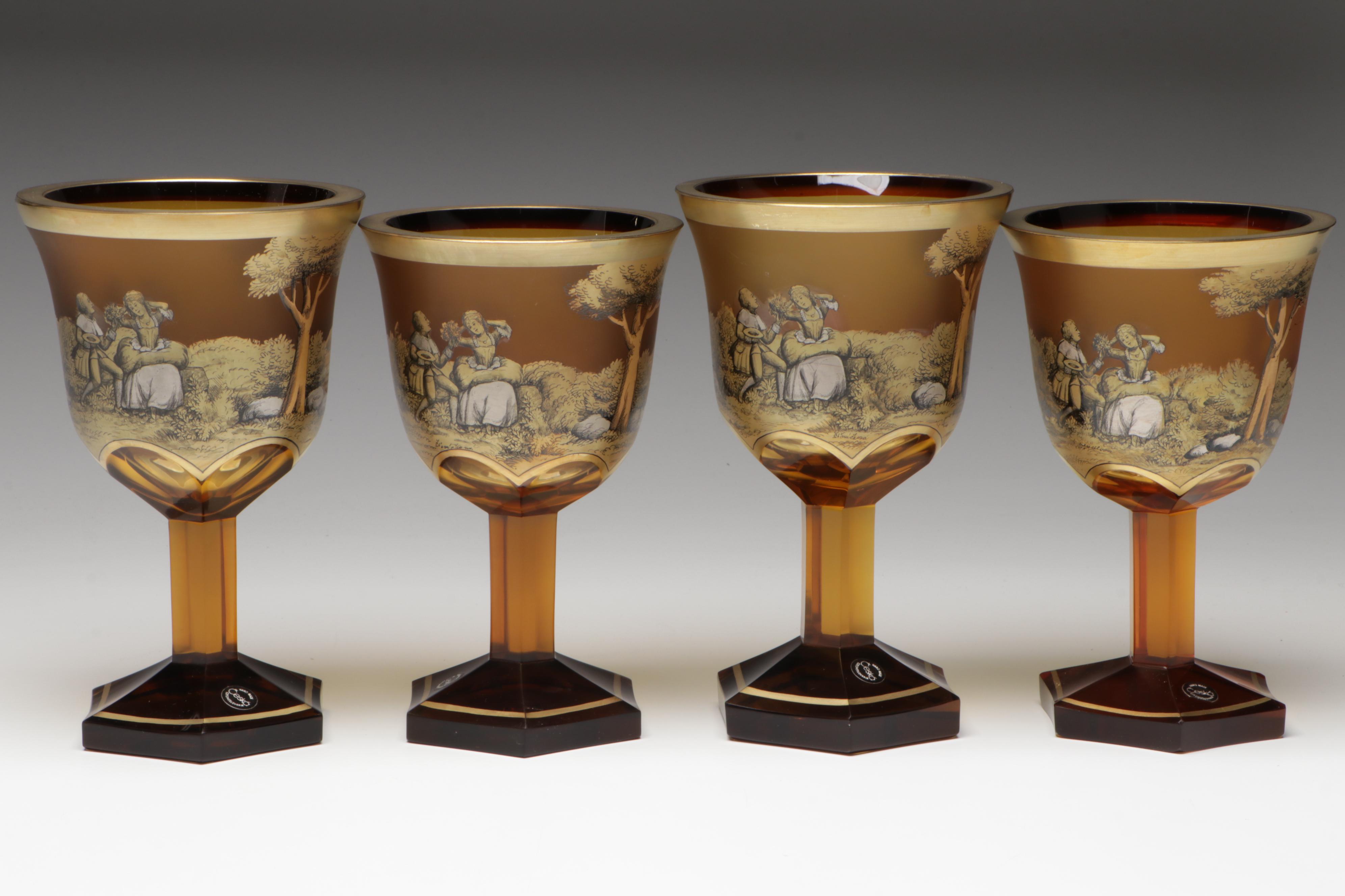 Crystalex Borocrystal Bohemian Style Amber Glass Goblets, Late 20th C