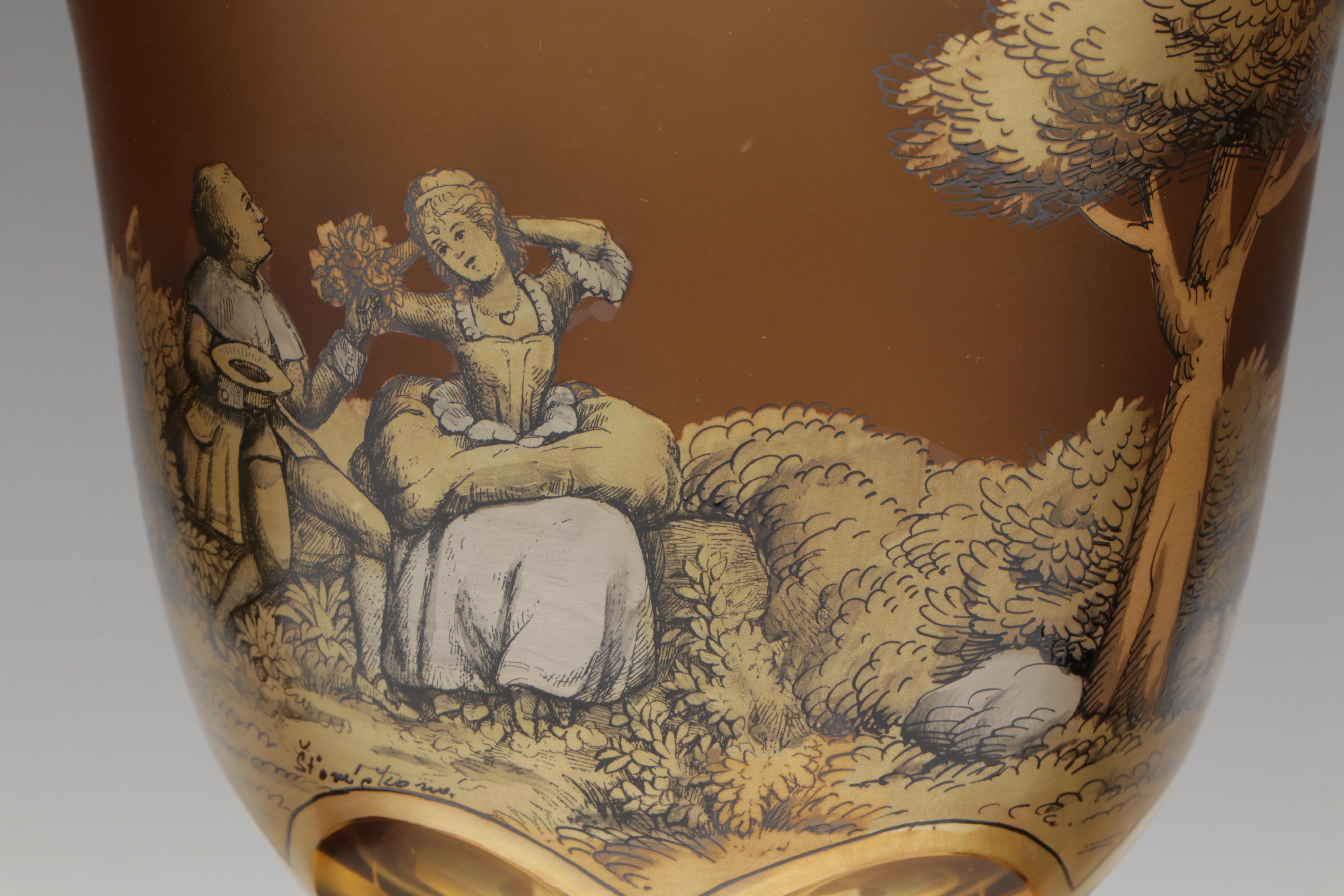 Crystalex Borocrystal Bohemian Style Amber Glass Goblets, Late 20th C