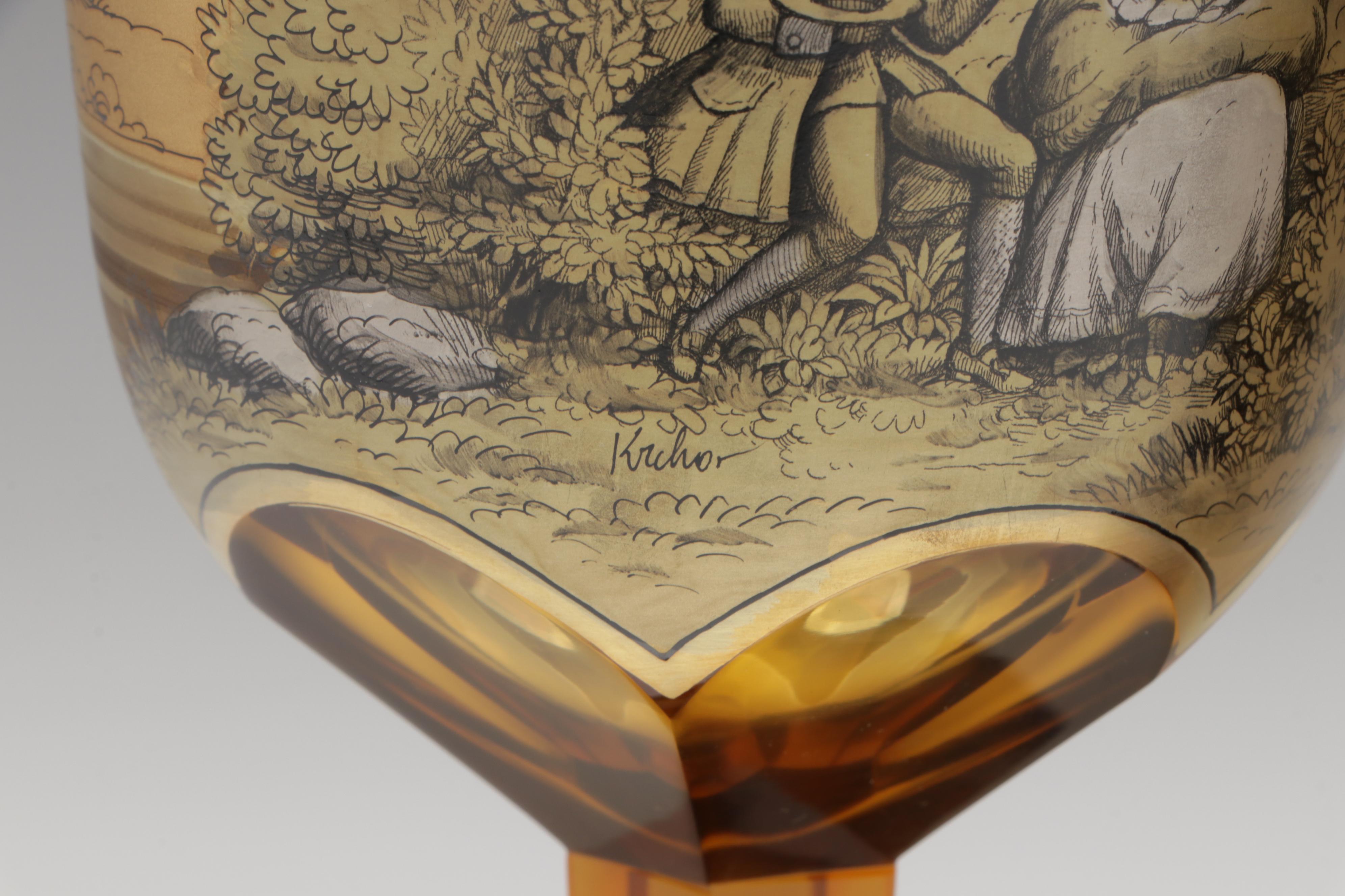 Crystalex Borocrystal Bohemian Style Amber Glass Goblets, Late 20th C