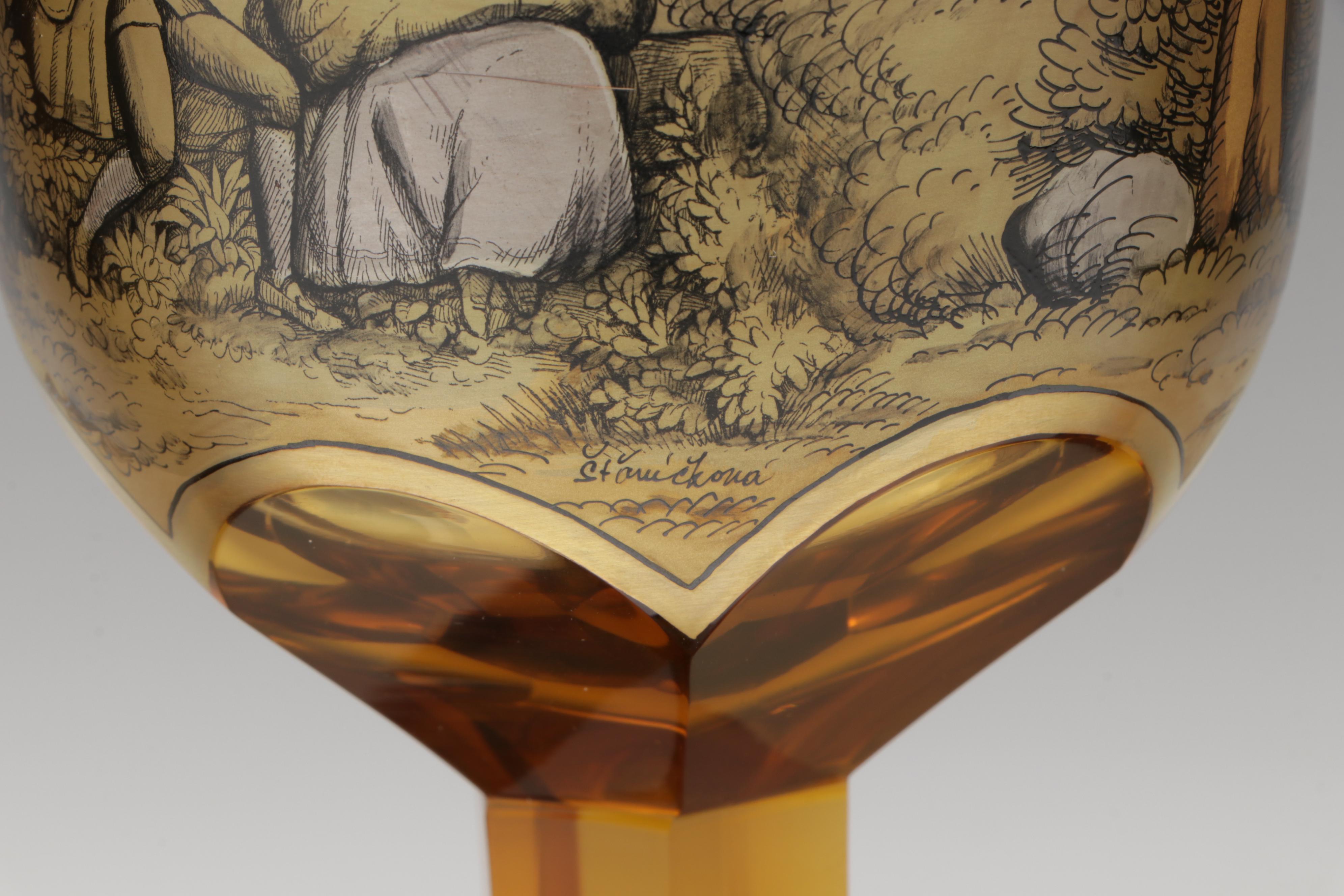 Crystalex Borocrystal Bohemian Style Amber Glass Goblets, Late 20th C