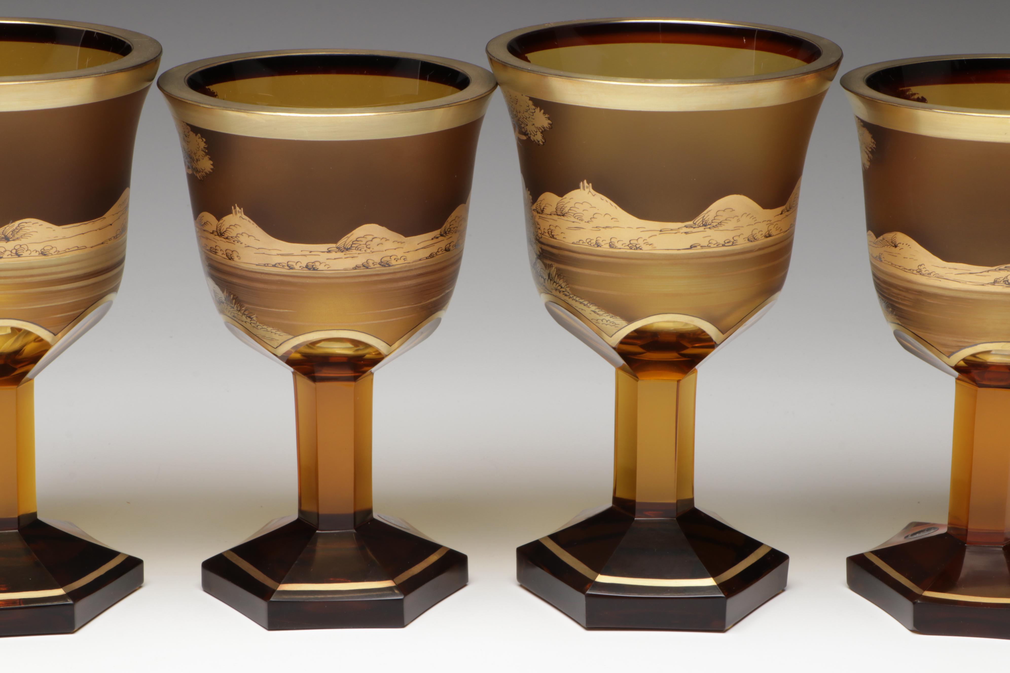 Crystalex Borocrystal Bohemian Style Amber Glass Goblets, Late 20th C