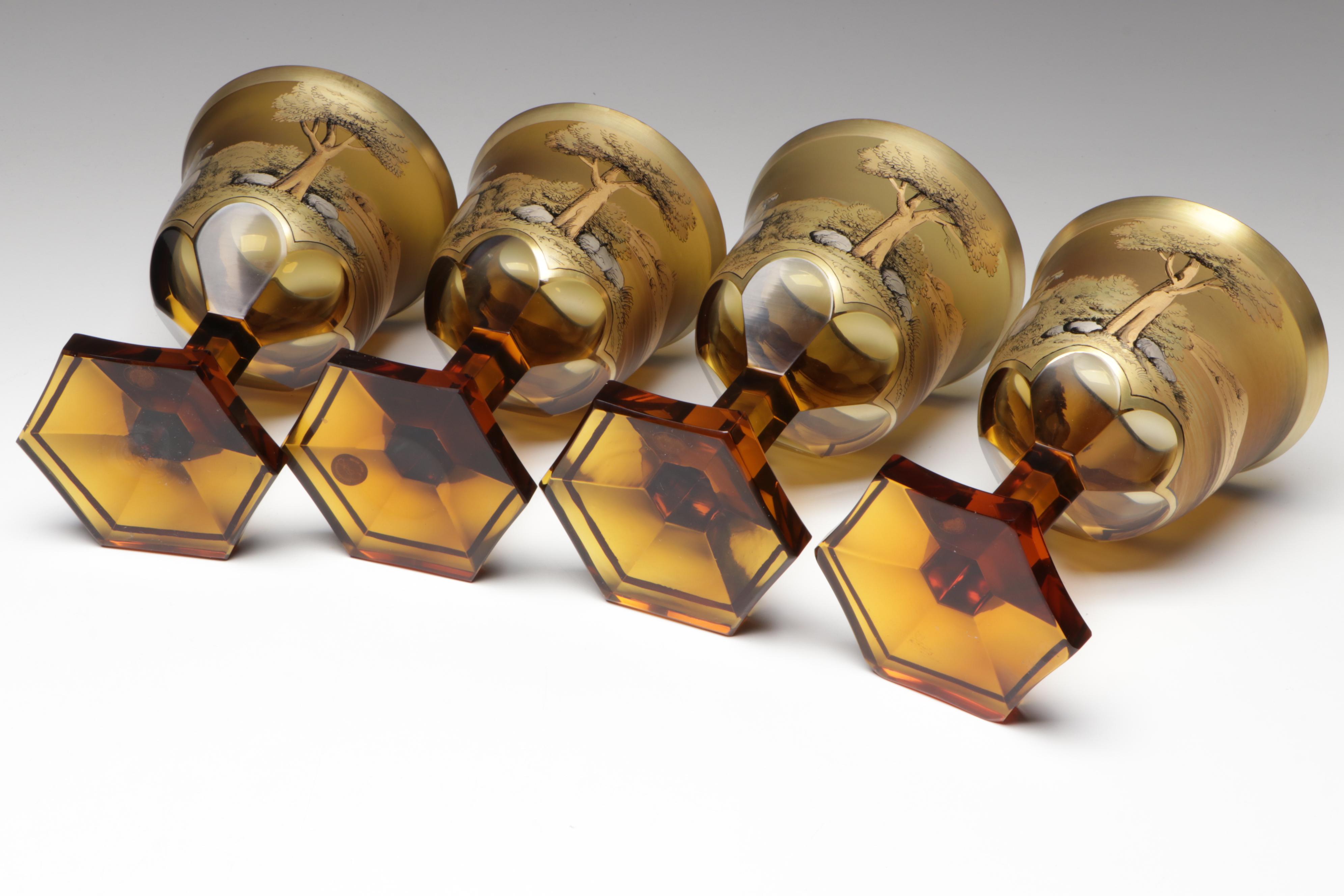 Crystalex Borocrystal Bohemian Style Amber Glass Goblets, Late 20th C