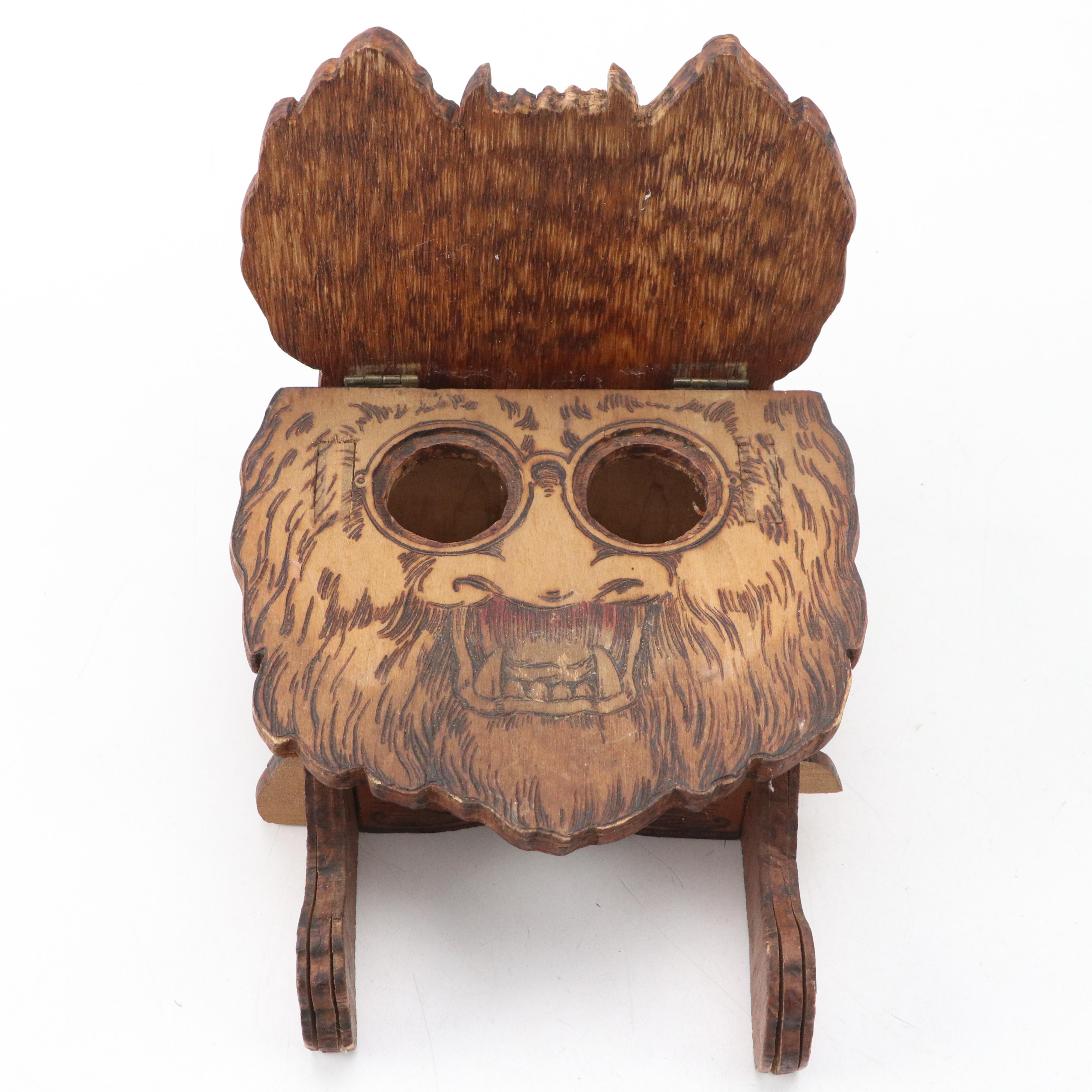 Victorian Pyrography Lion Form Double-Inkwell and Pen Holder