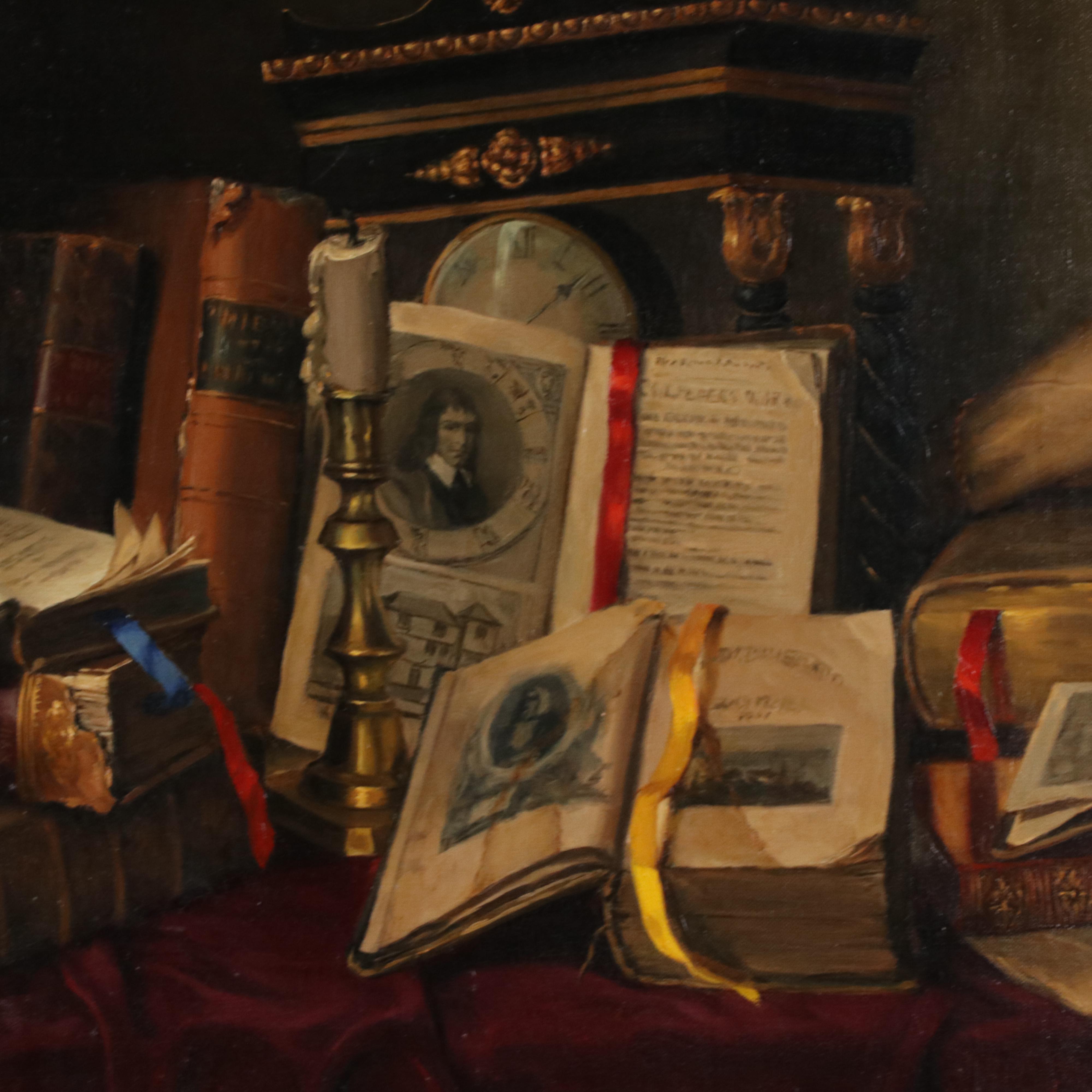 Ernest de Nagy Still Life with Books, Candle and Clock Oil Painting