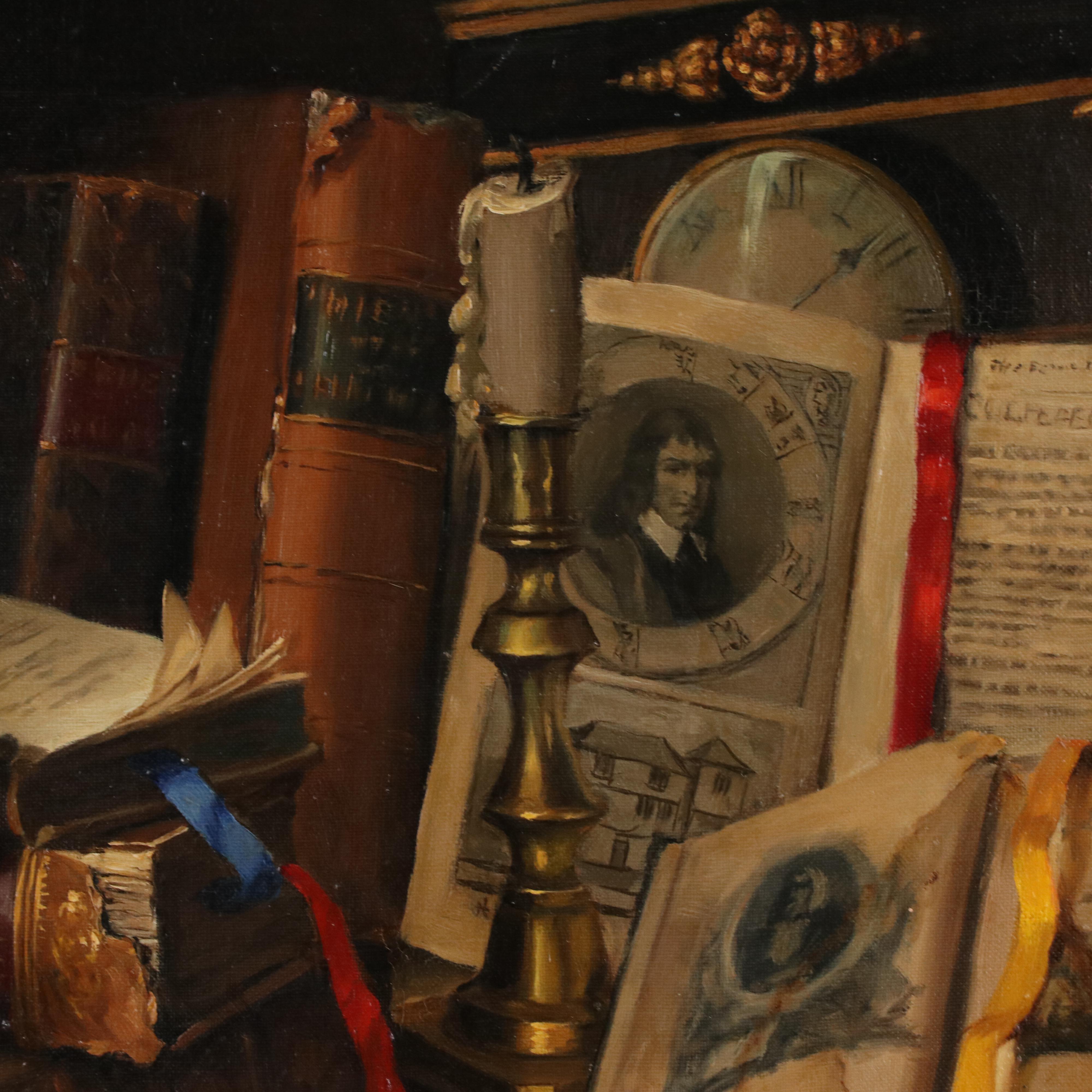 Ernest de Nagy Still Life with Books, Candle and Clock Oil Painting