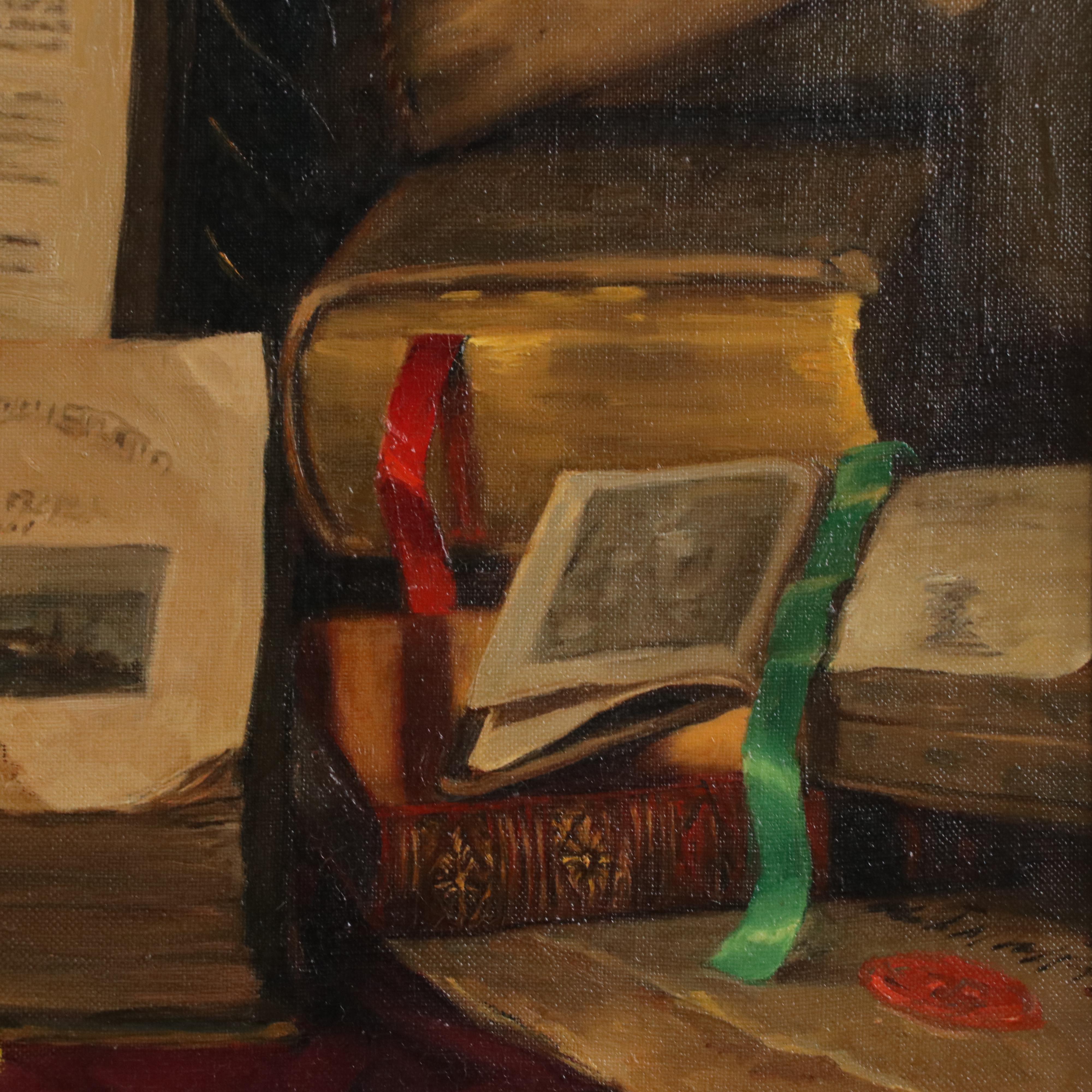 Ernest de Nagy Still Life with Books, Candle and Clock Oil Painting