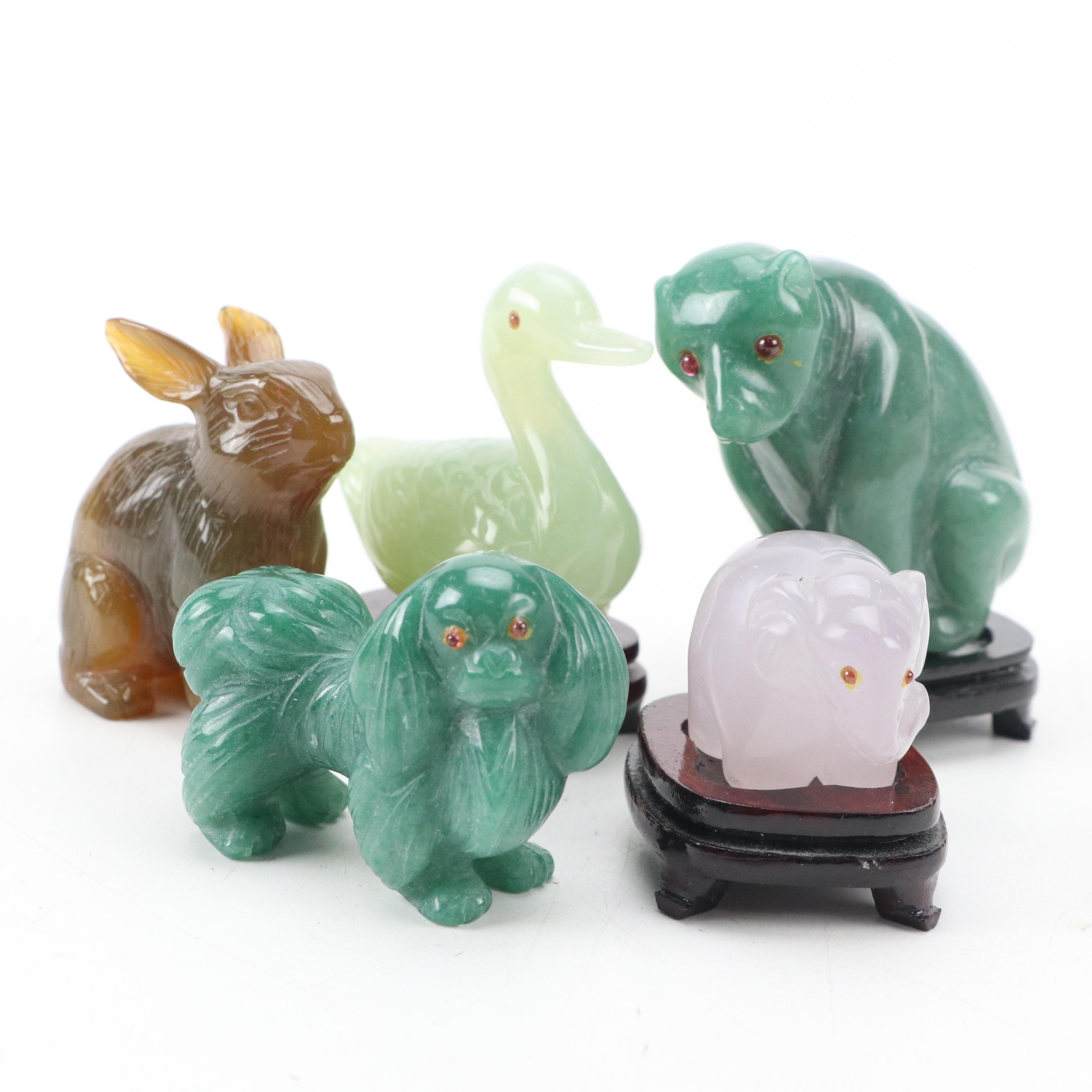 Polished Carved Serpentine and Other Stone Animal Figurines with Wood Bases