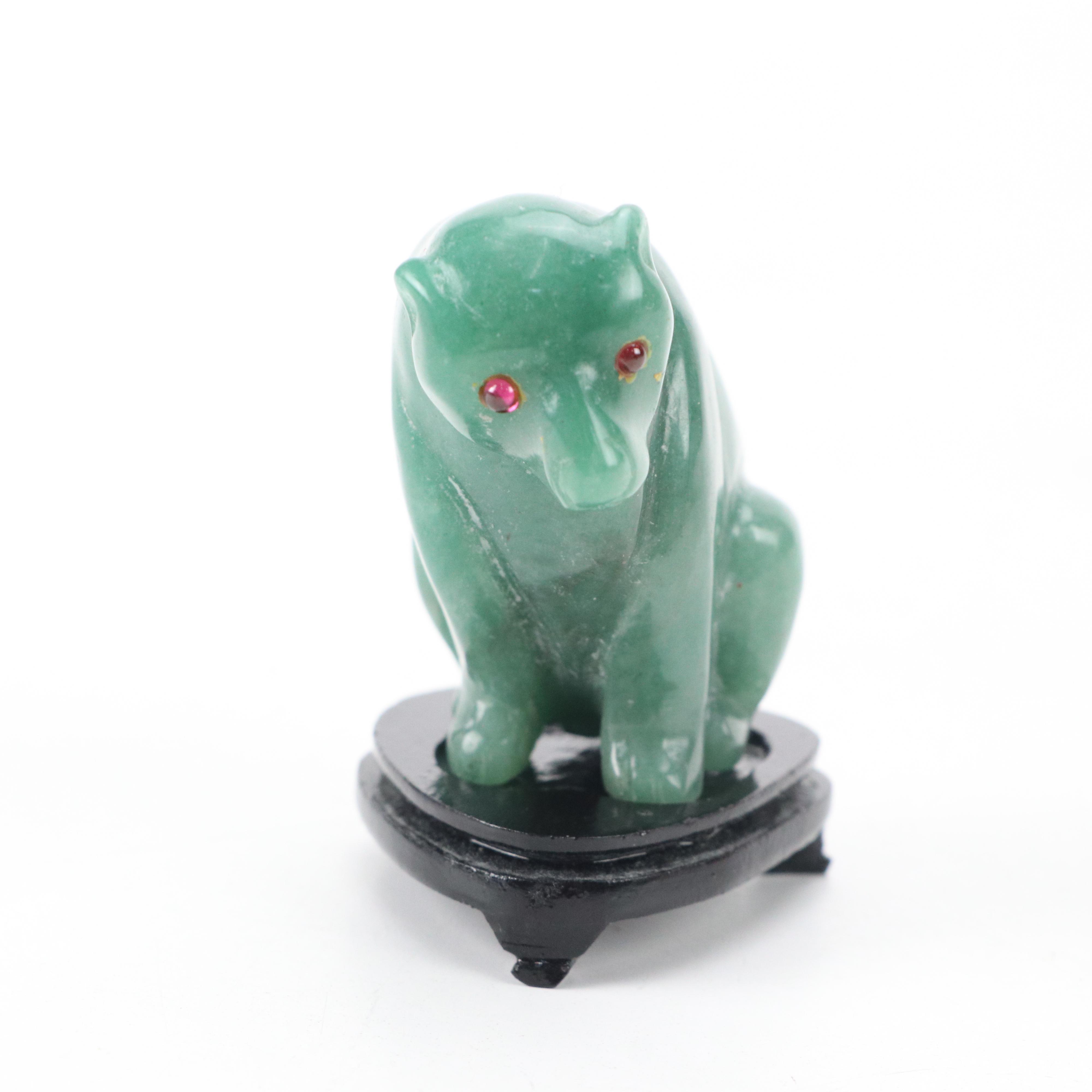 Polished Carved Serpentine and Other Stone Animal Figurines with Wood Bases
