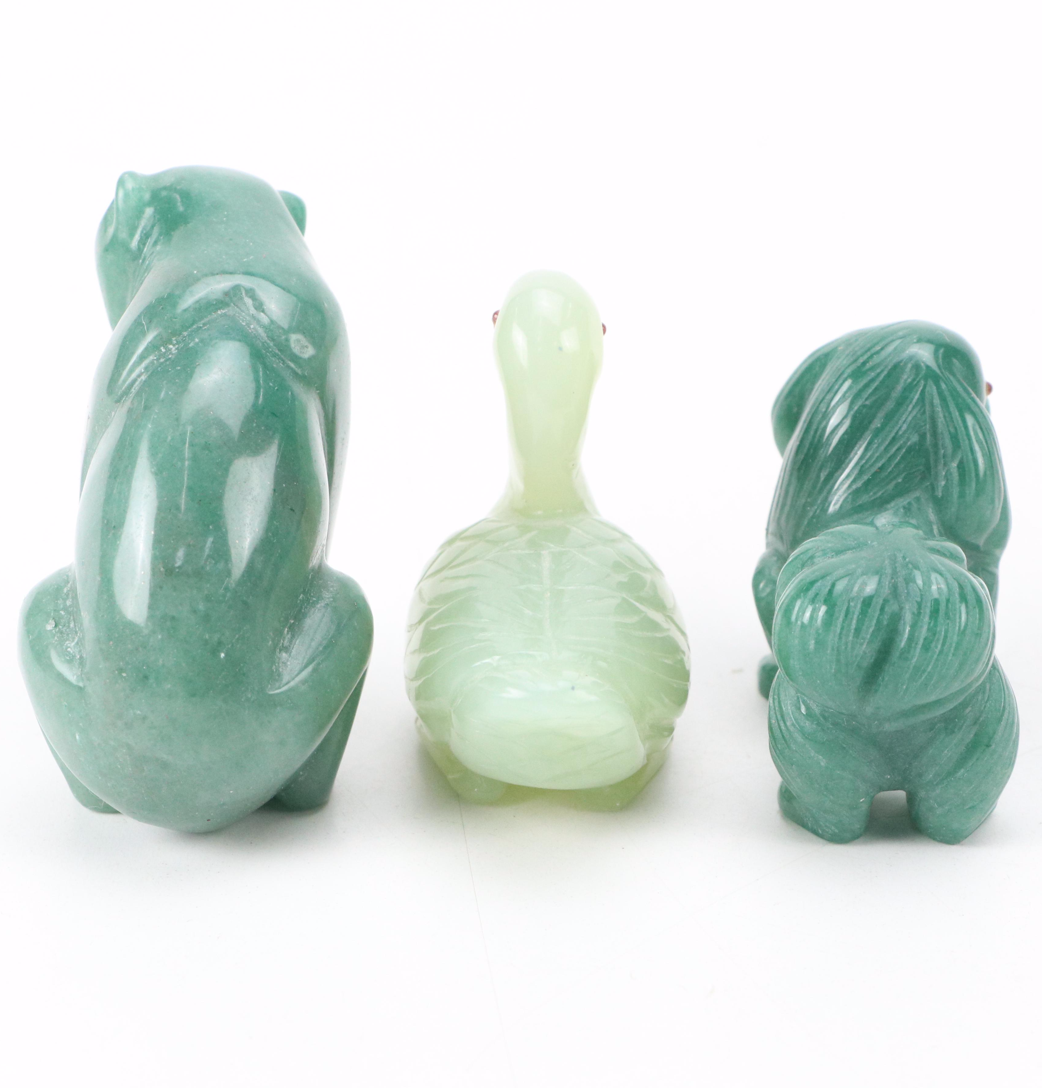 Polished Carved Serpentine and Other Stone Animal Figurines with Wood Bases