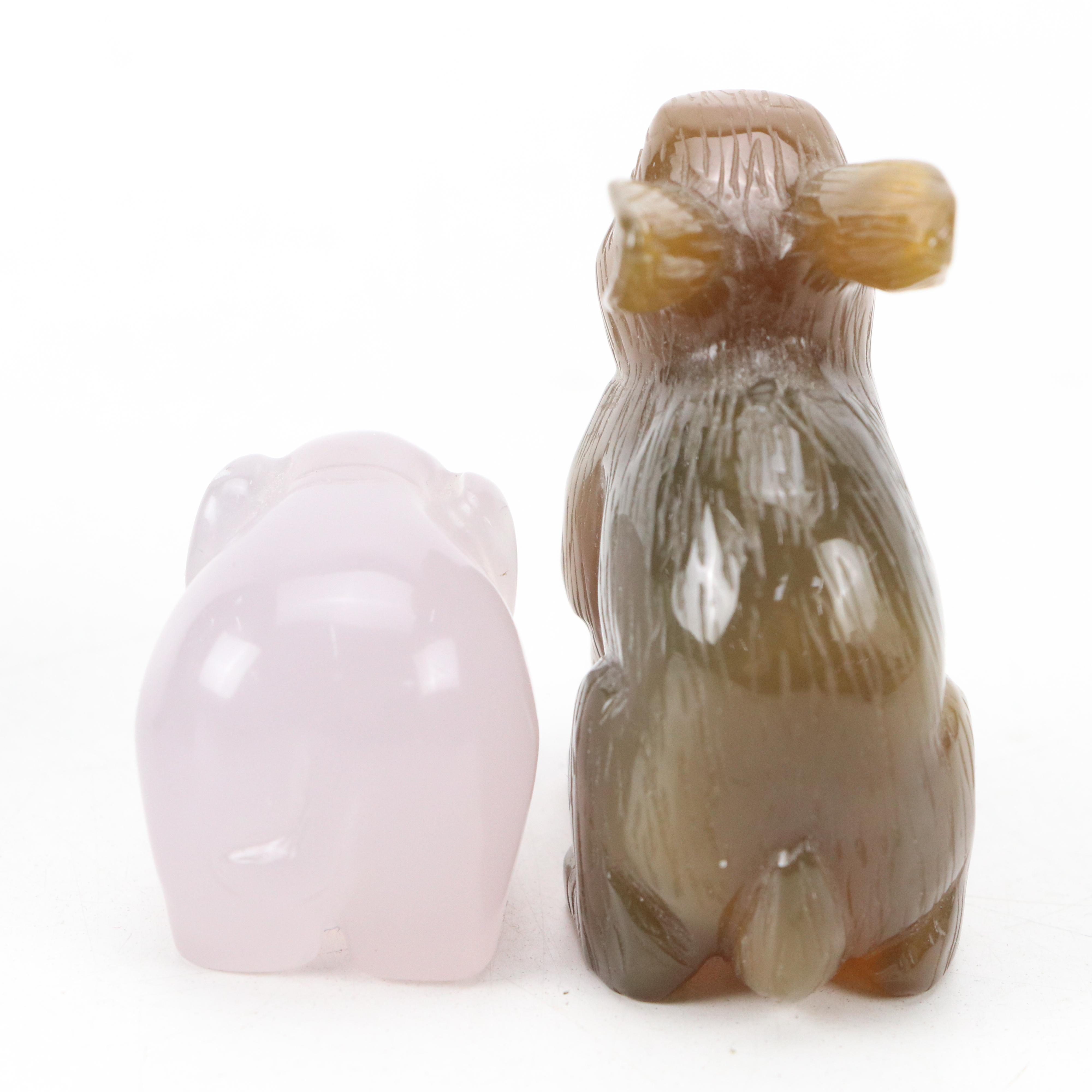 Polished Carved Serpentine and Other Stone Animal Figurines with Wood Bases