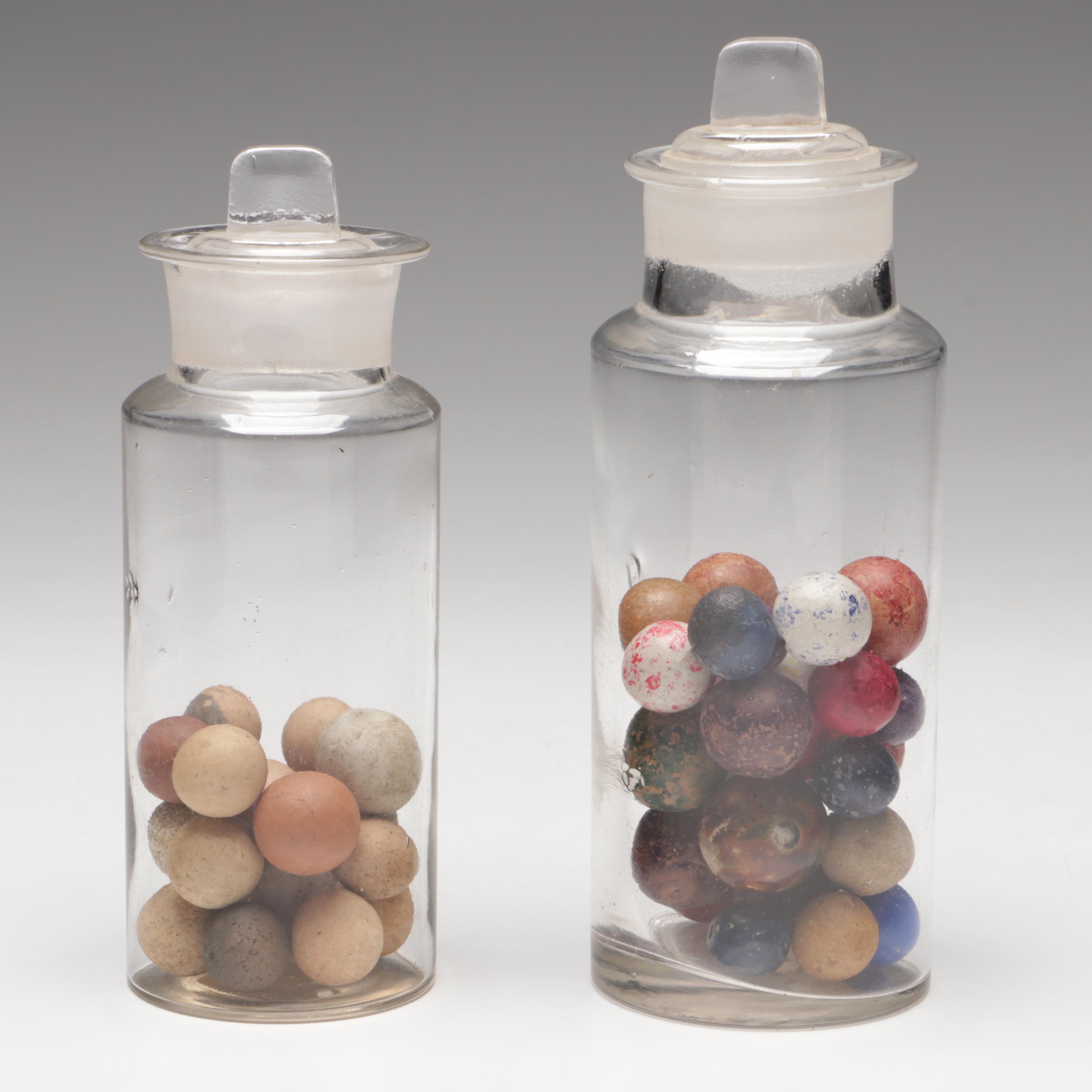 Civil War-Era Clay Marbles in Antique Glass Jars, 19th Century