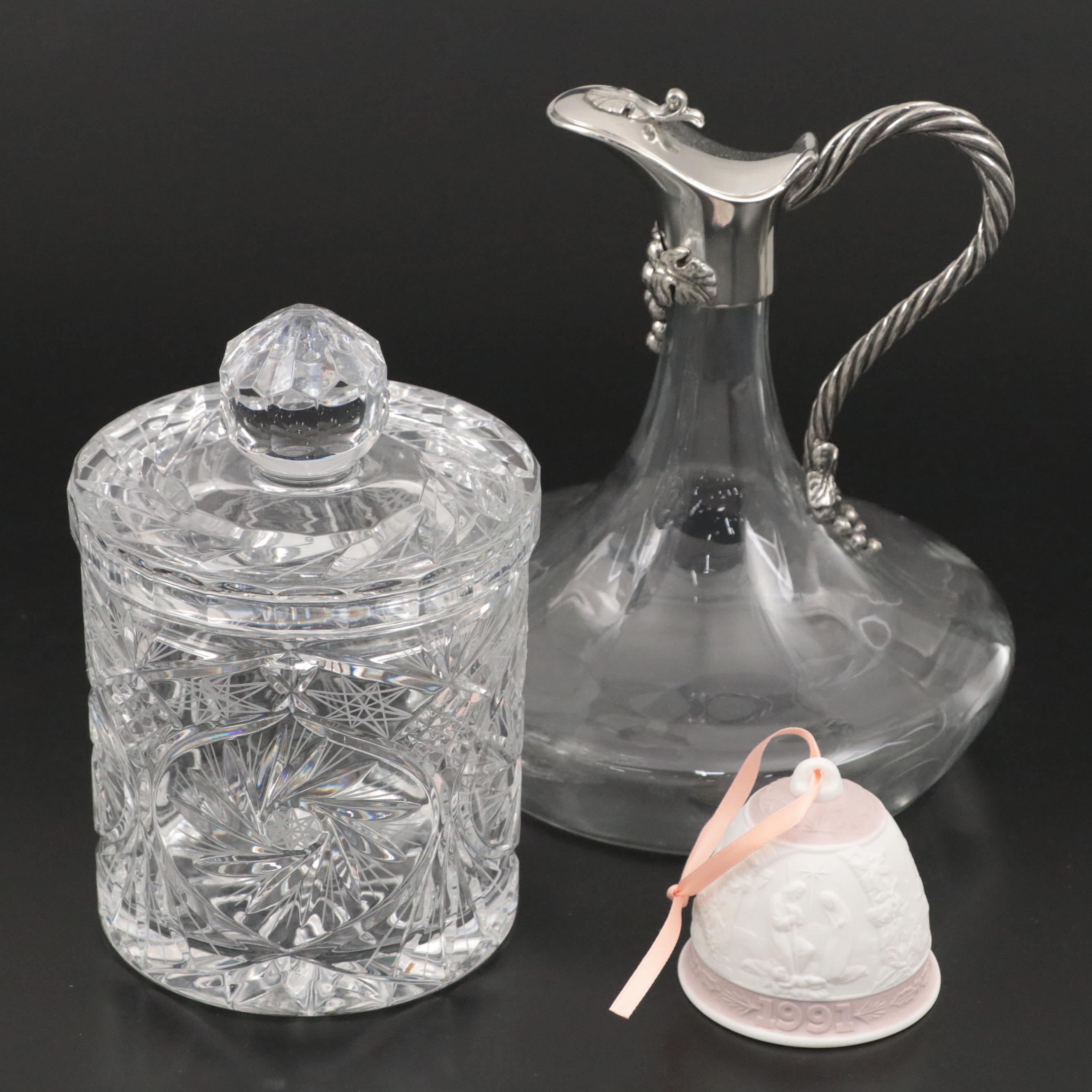 Lladró Bell with French Silver Plate and Glass Wine Carafe with Biscuit Barrel