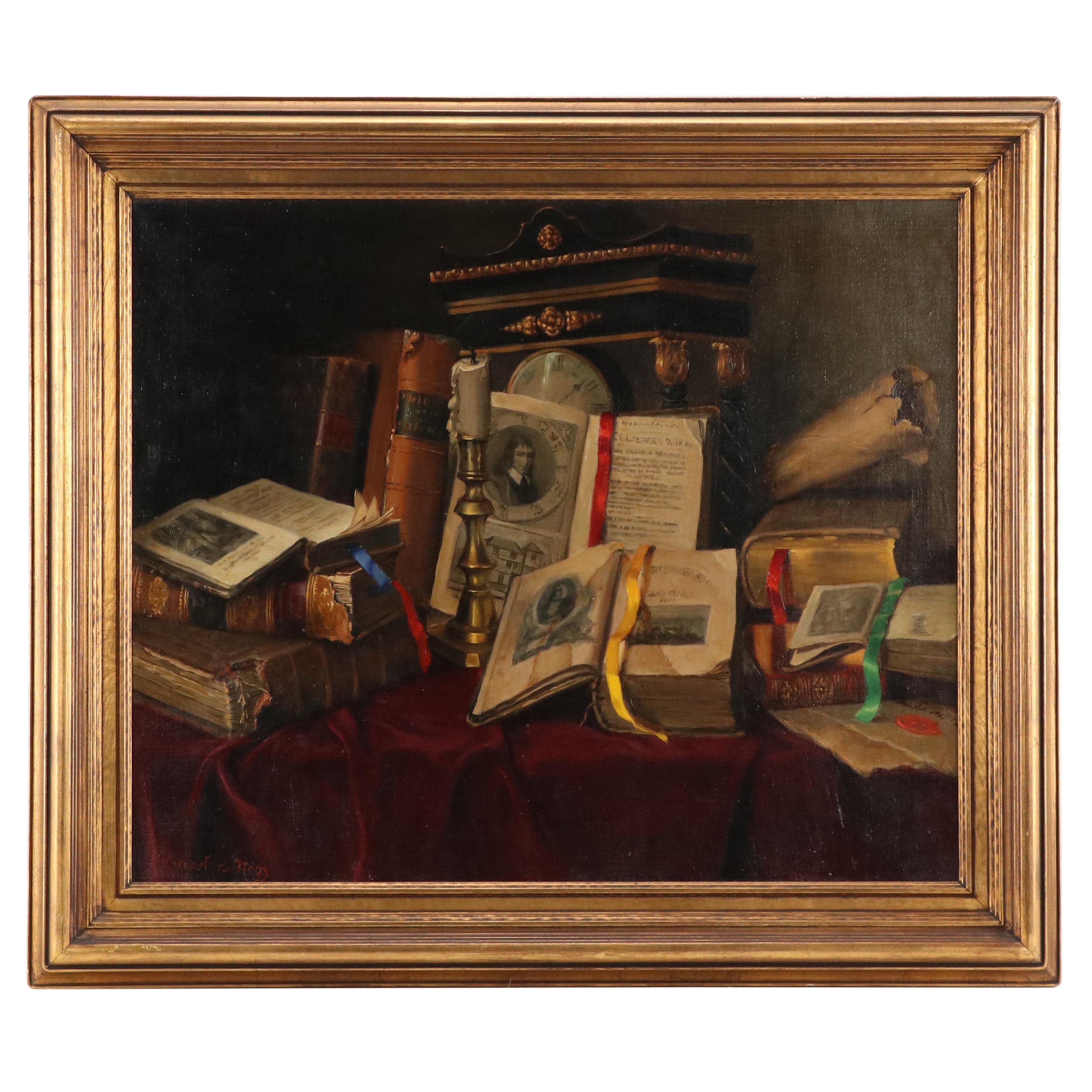 Ernest de Nagy Still Life with Books, Candle and Clock Oil Painting