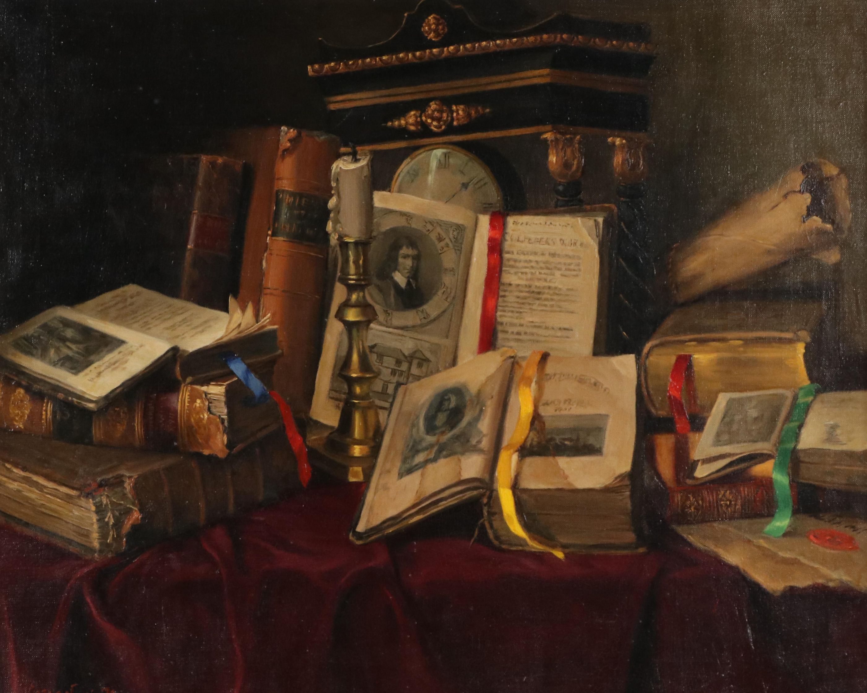 Ernest de Nagy Still Life with Books, Candle and Clock Oil Painting