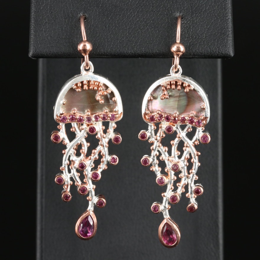 Sterling Abalone and Garnet Jellyfish Earrings