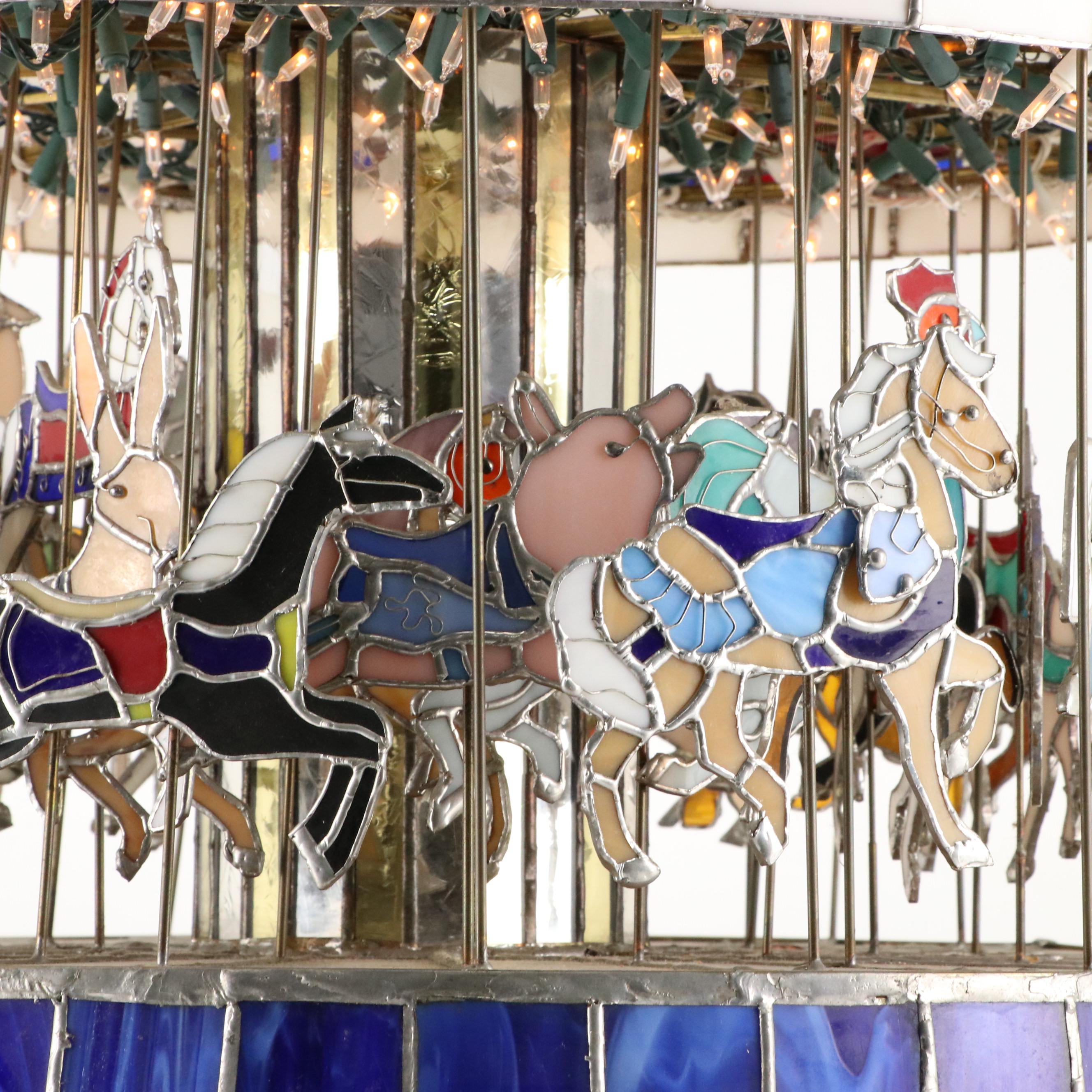 Copper Foil Stained Glass Motorized Carousel Sculpture