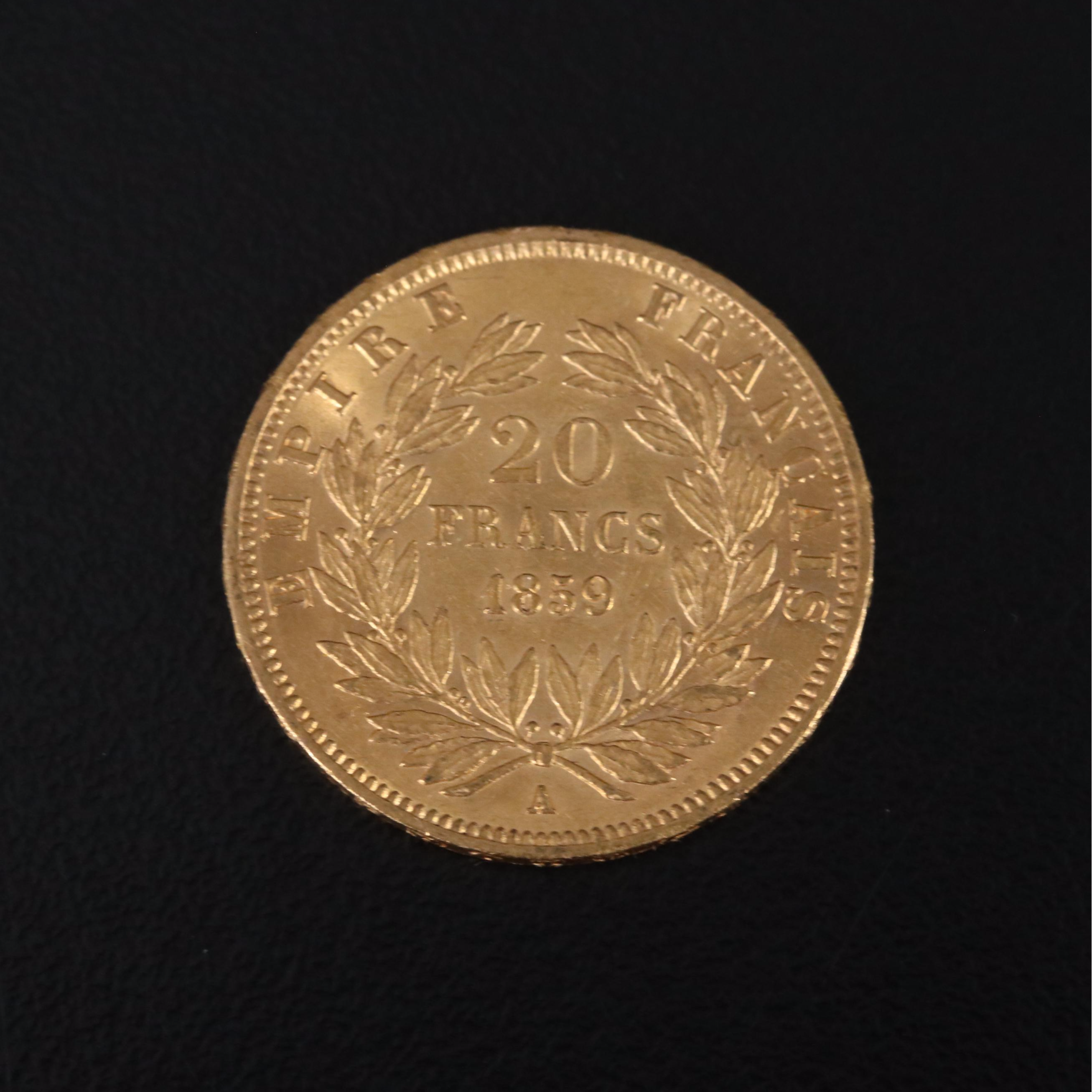 1859-A France 20-Franc Gold Coin of Napoleon III