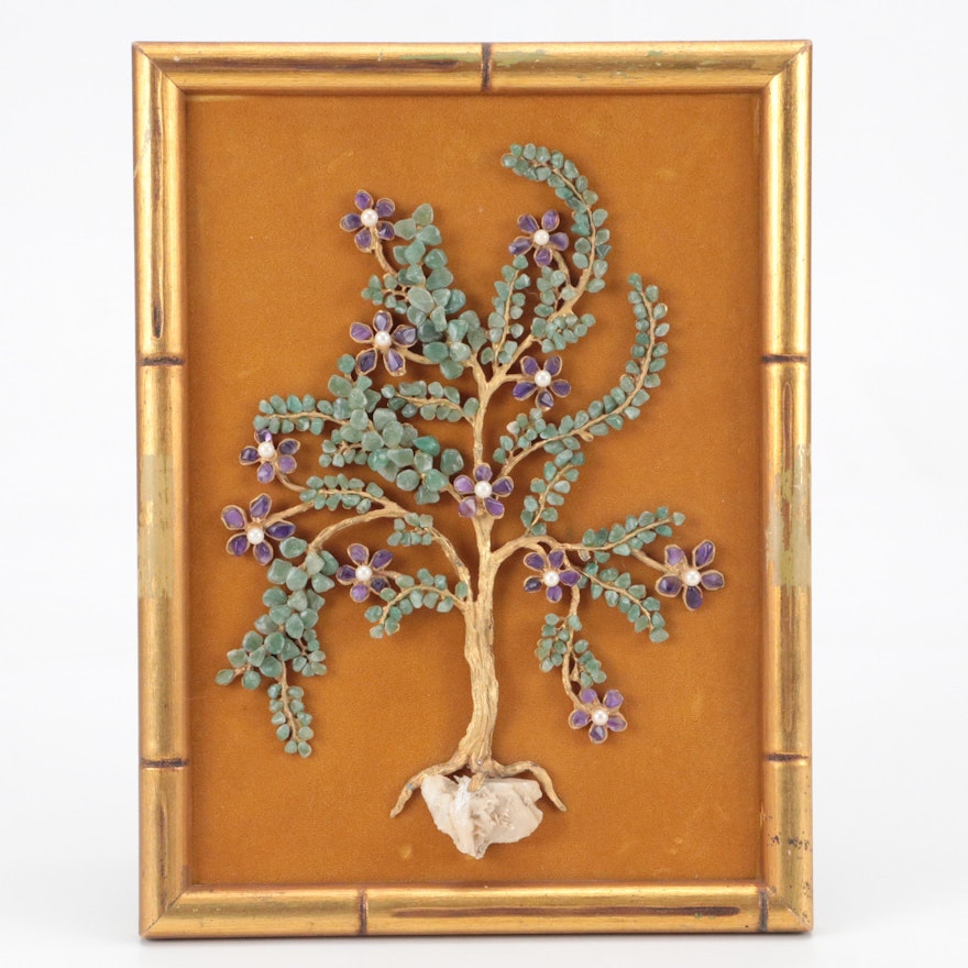 Amethyst, Aventurine and Cultured Pearl Tree Form Framed Wall Hanging