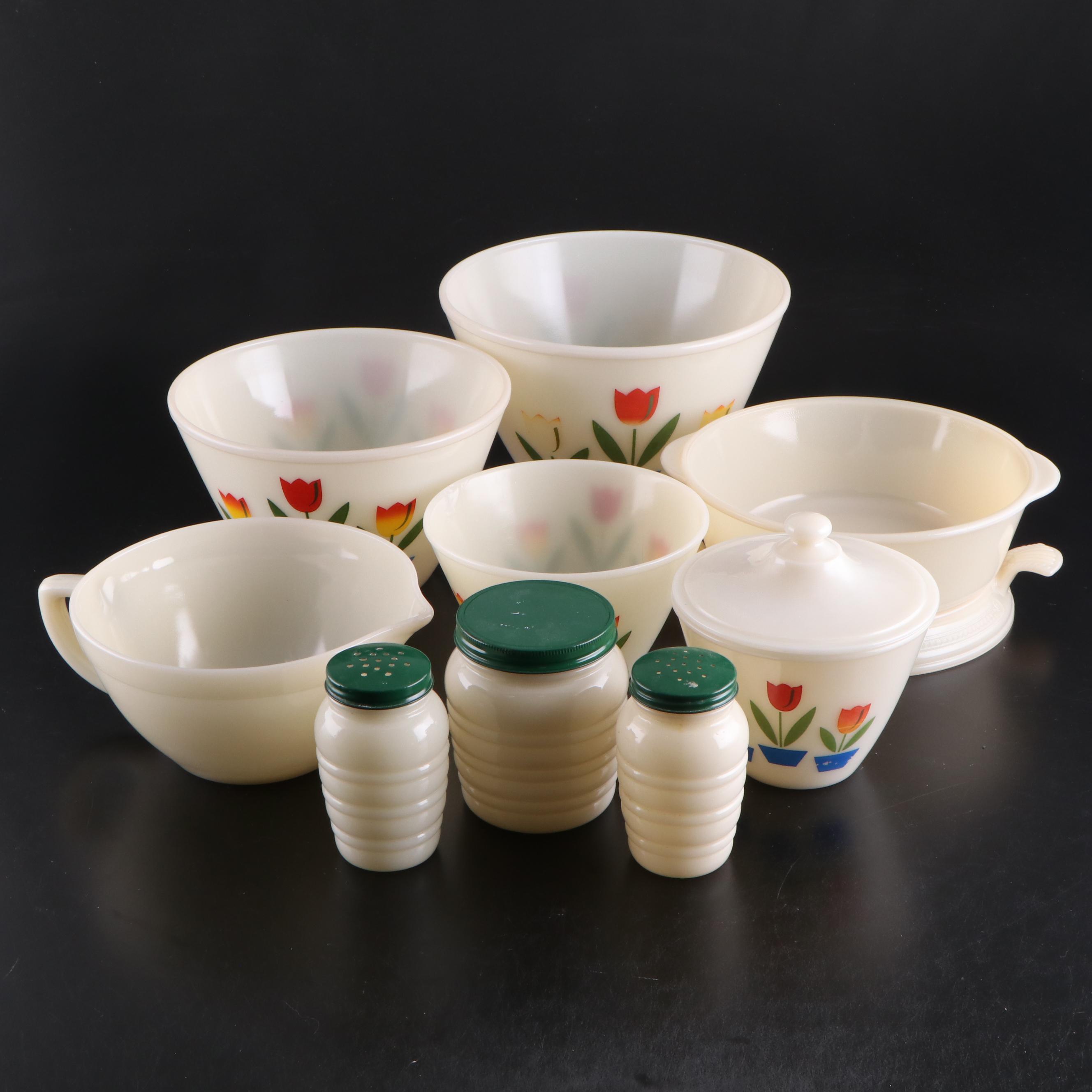 FireKing Tulip Graduated Mixing Bowls and Milk Glass Kitchenware EBTH