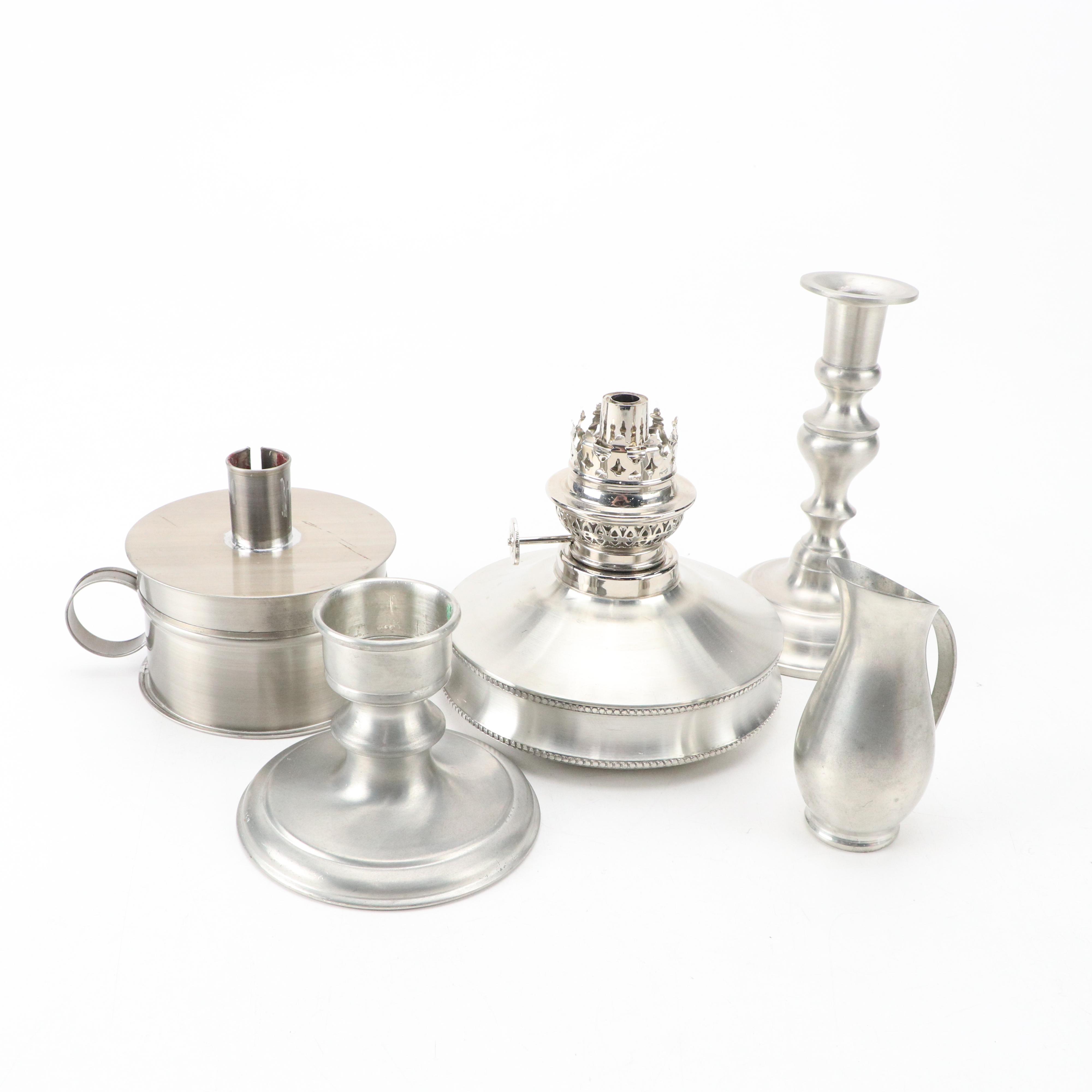 Danforth Pewter Oil Lamp with Other Pewterware and Seasonal Décor