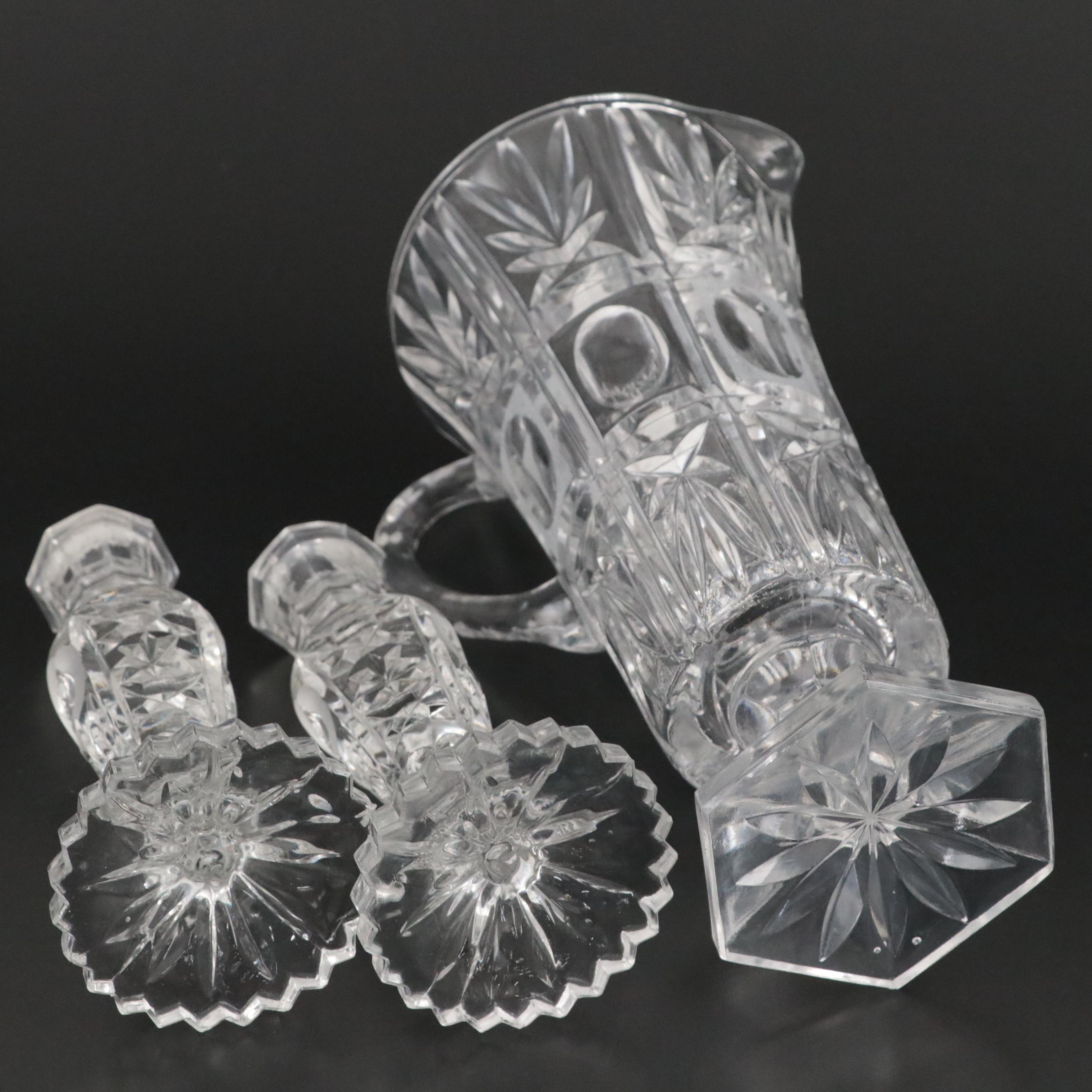 Floral Motif Wheel Engraved Candy Jar and Candlesticks with More Glass Décor