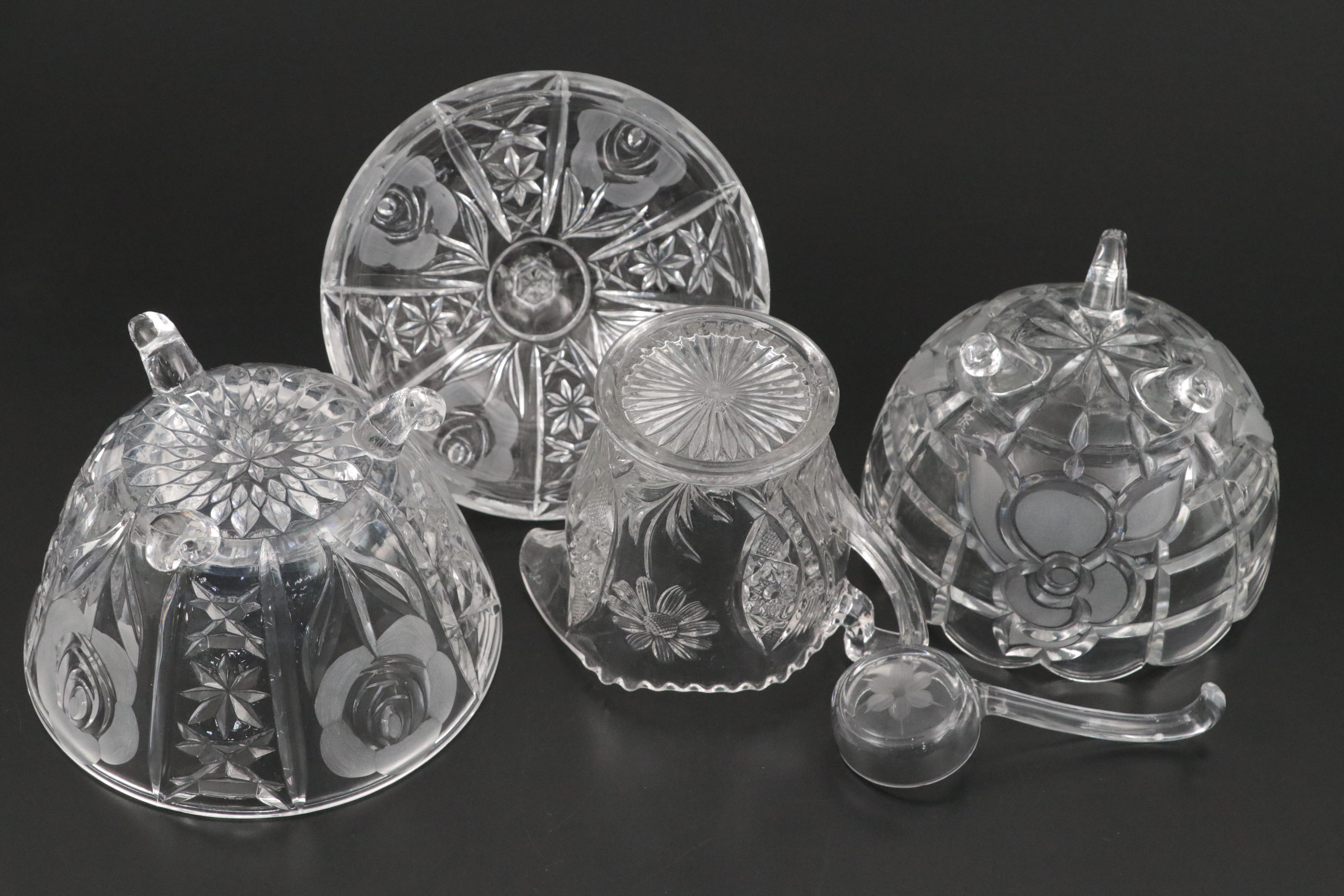 Floral Motif Wheel Engraved Candy Jar and Candlesticks with More Glass Décor