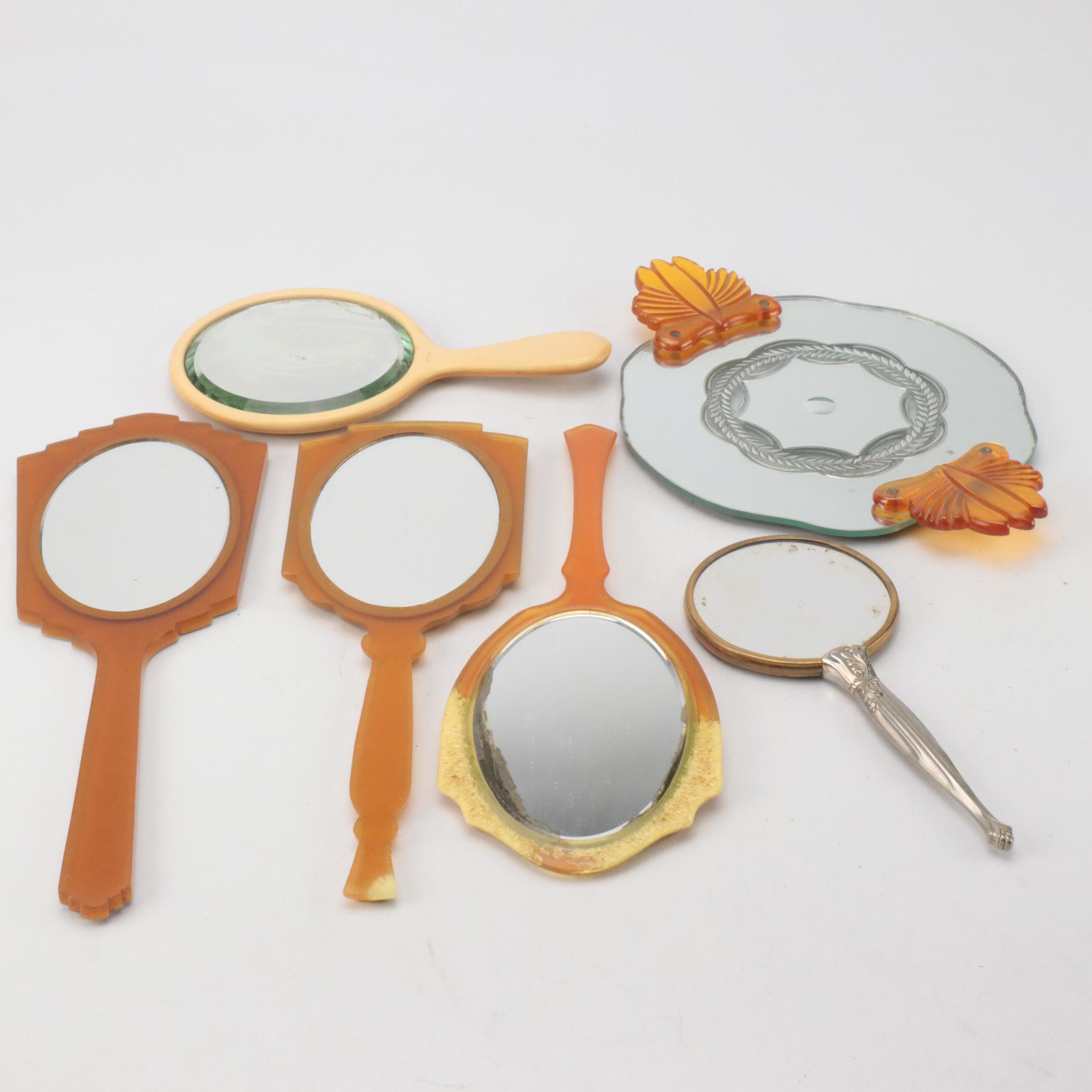 Art Deco Etched Mirror and Bakelite Vanity Tray with Celluloid Hand Mirrors