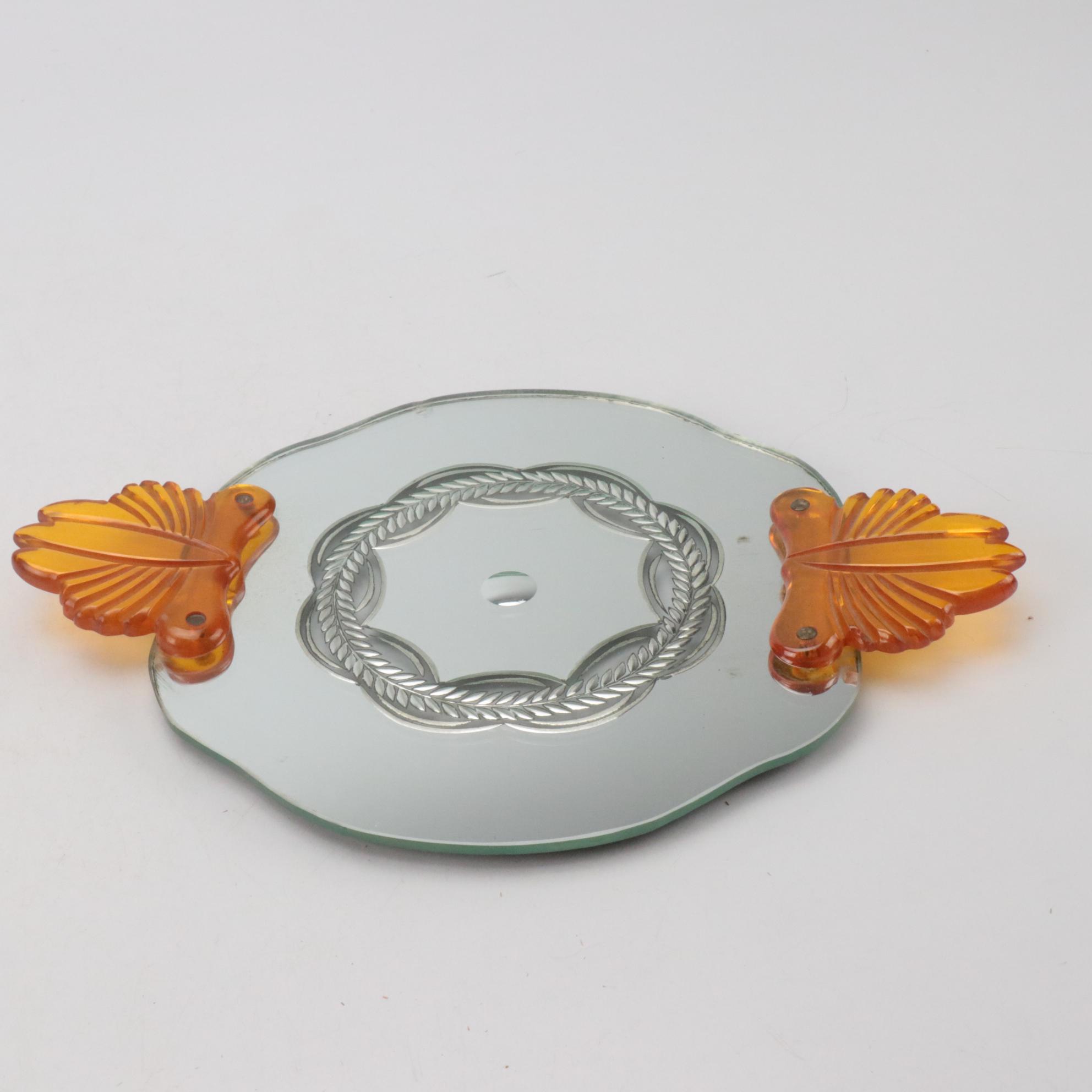 Art Deco Etched Mirror and Bakelite Vanity Tray with Celluloid Hand Mirrors