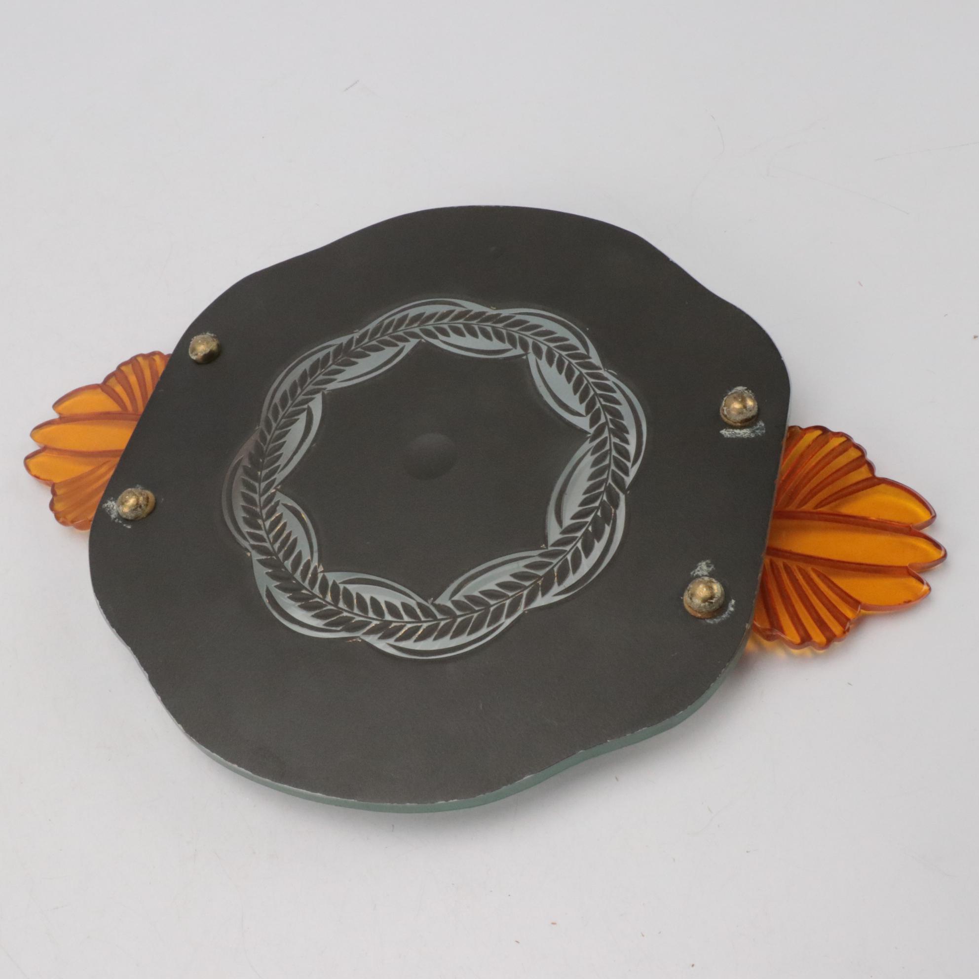 Art Deco Etched Mirror and Bakelite Vanity Tray with Celluloid Hand Mirrors