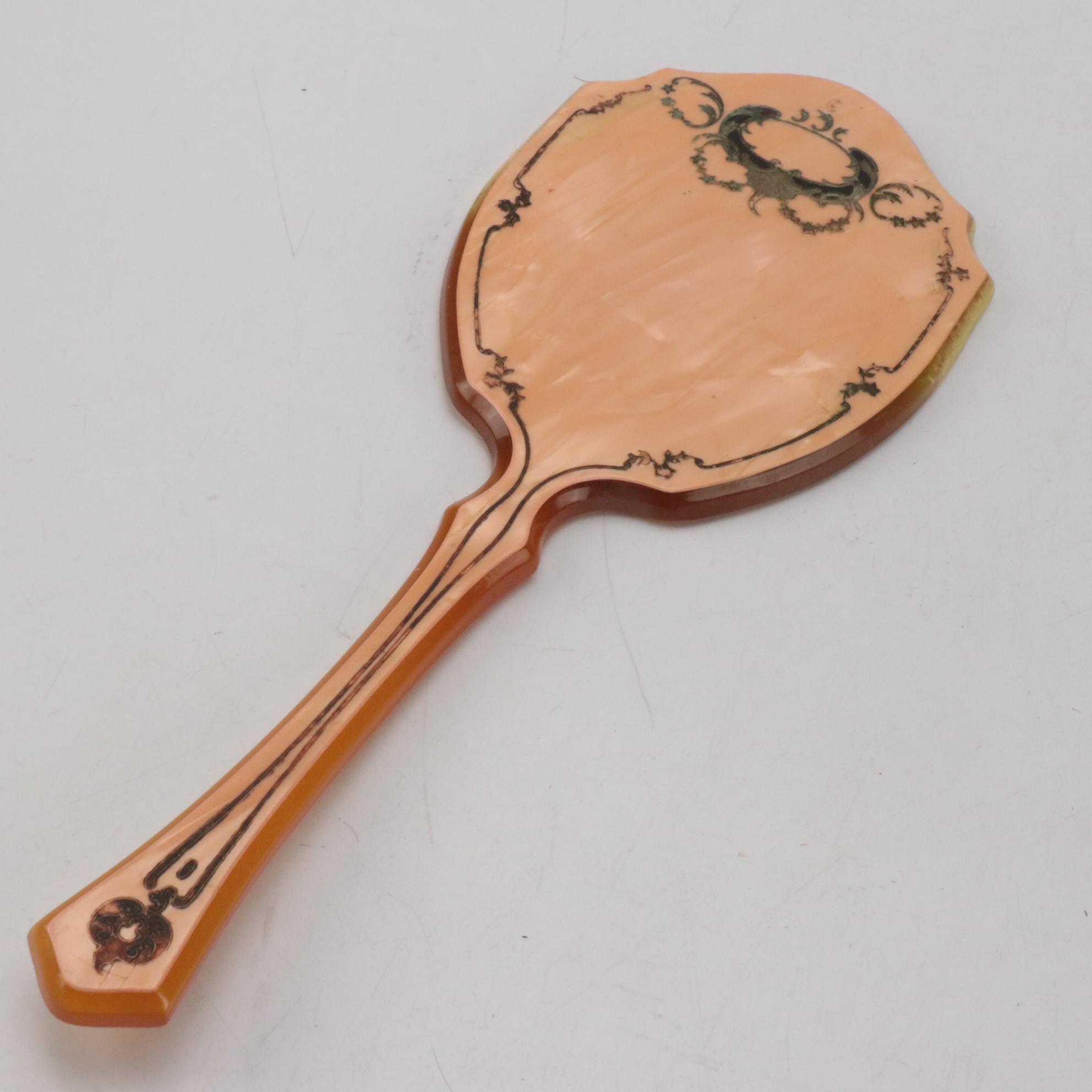 Art Deco Etched Mirror and Bakelite Vanity Tray with Celluloid Hand Mirrors