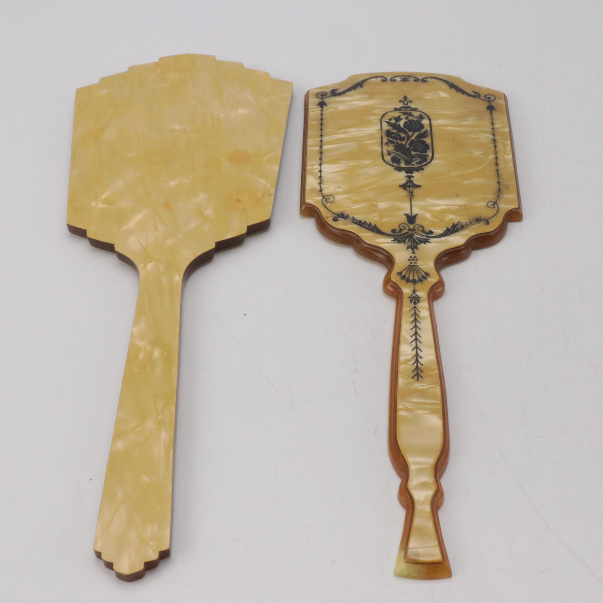 Art Deco Etched Mirror and Bakelite Vanity Tray with Celluloid Hand Mirrors