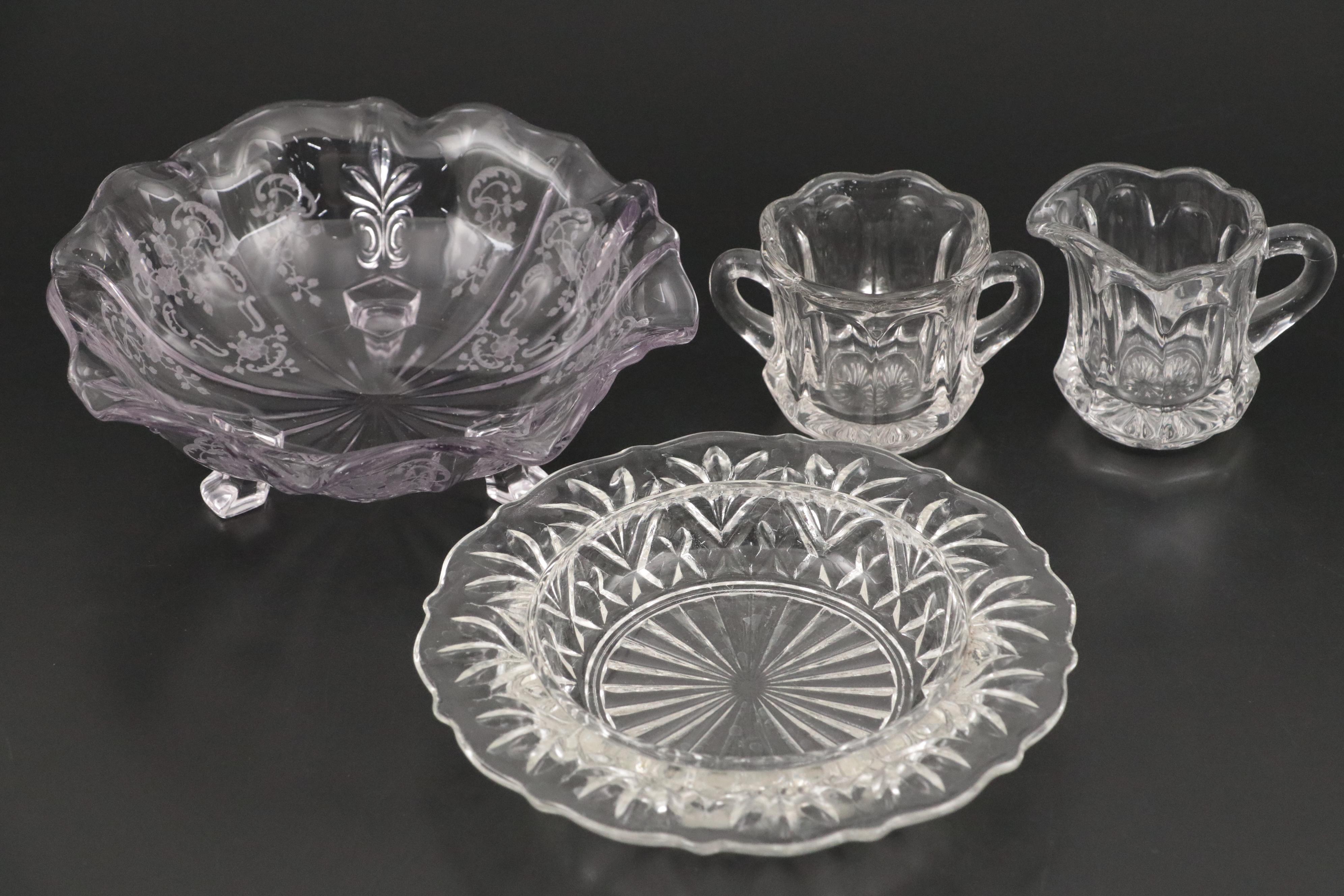 Fostoria "Meadow Rose" Three-Toed Bonbon Dish with Other Pressed Glass Tableware