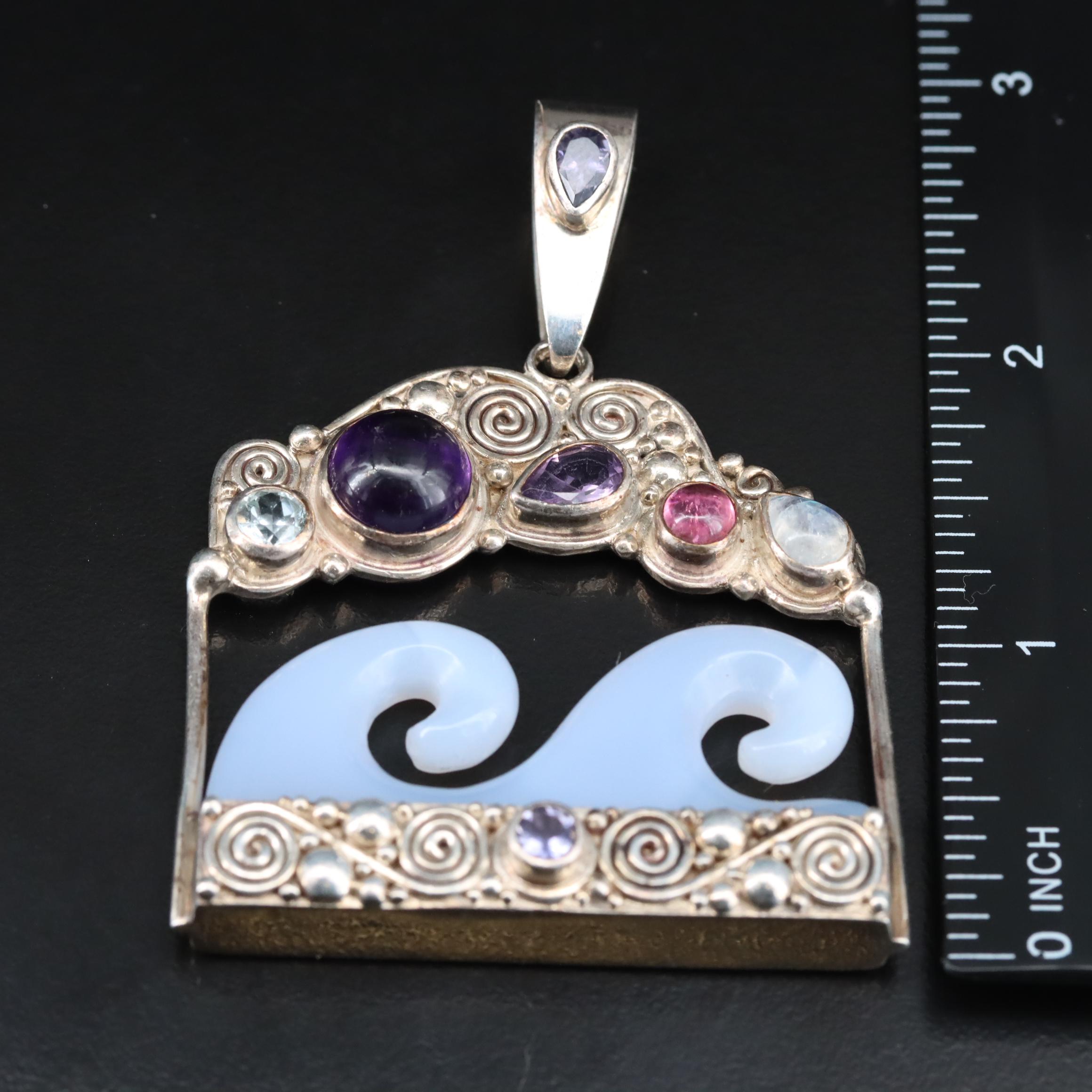 Sajen Sterling Multi-Gemstone Wave Pendant Including Chalcedony and Amethyst
