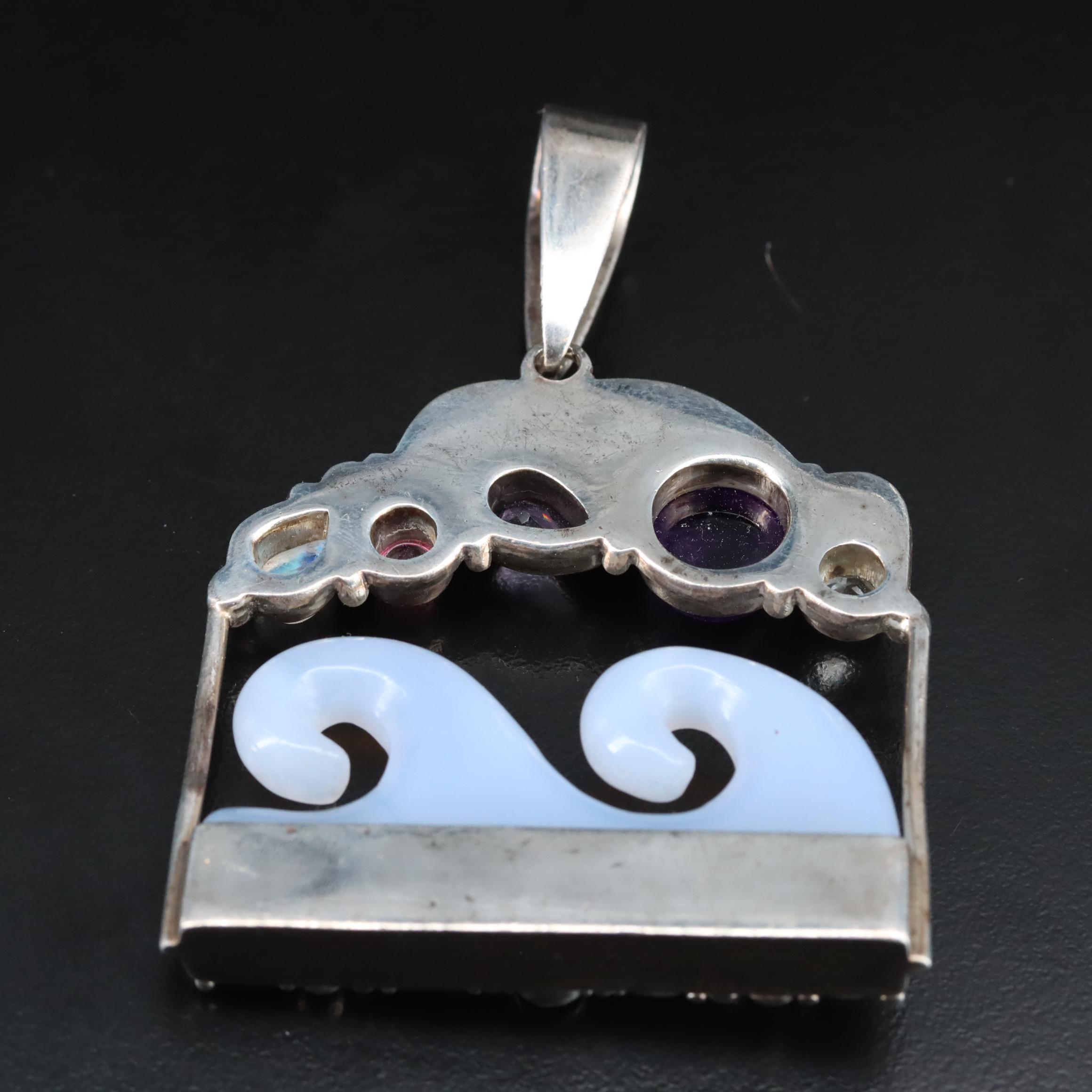 Sajen Sterling Multi-Gemstone Wave Pendant Including Chalcedony and Amethyst