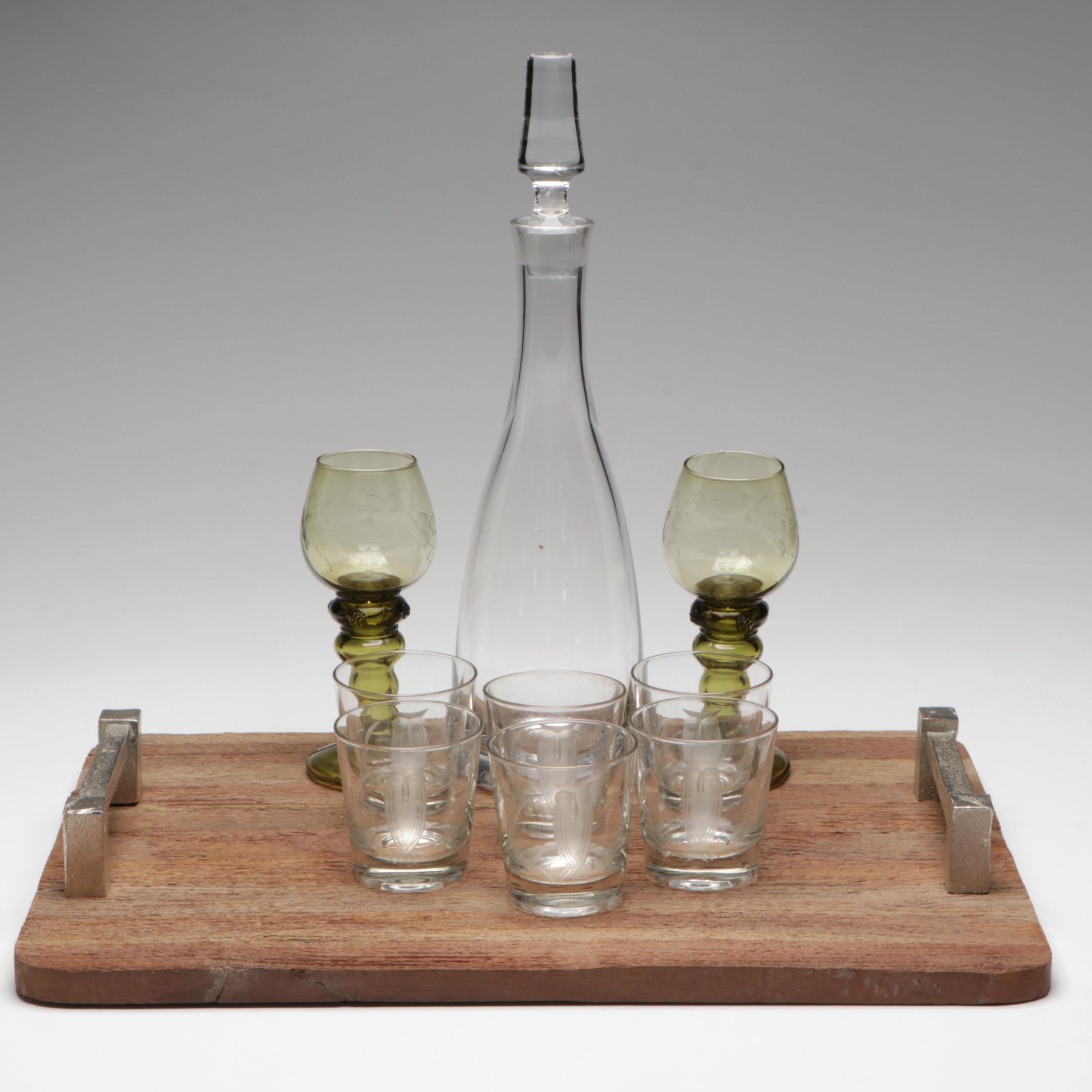 Zodak Wood Tray with Grape Motif Glass Hock Glasses and More