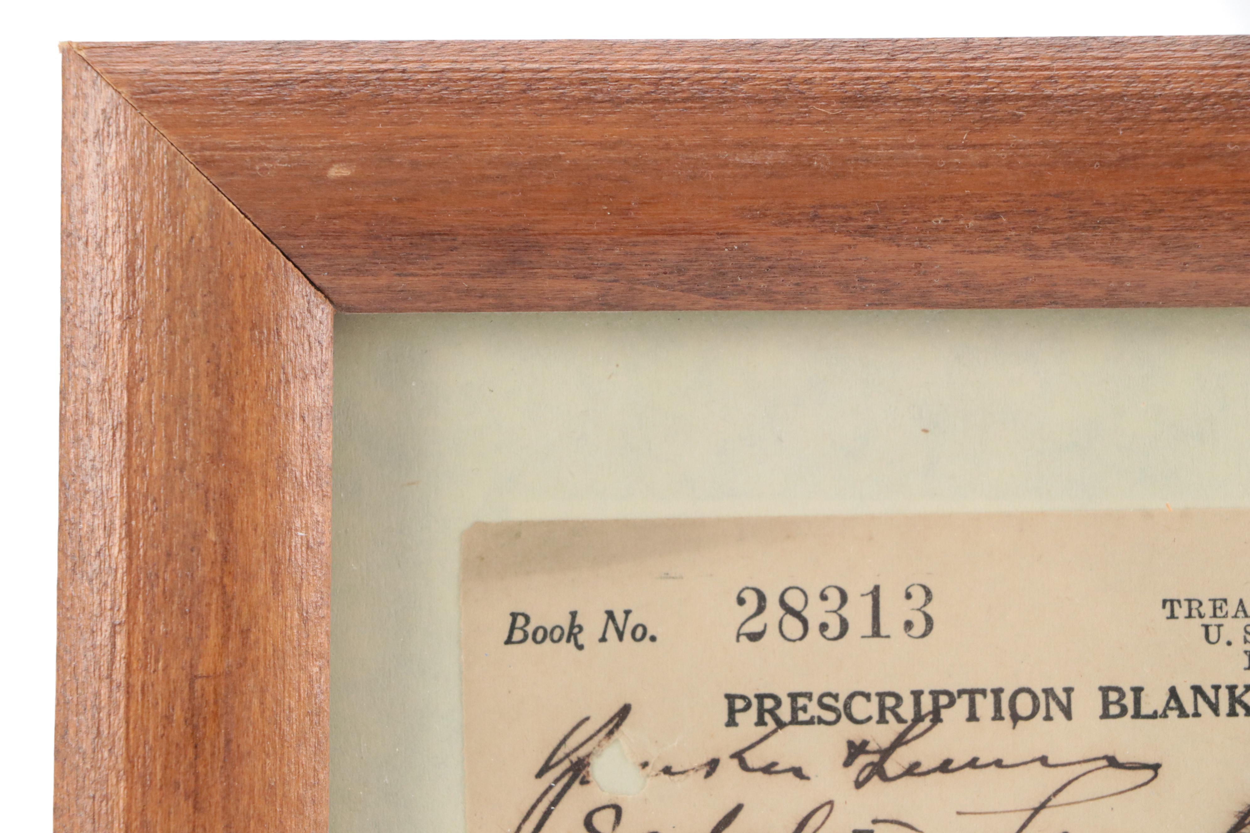 National Prohibition Act Medicinal Liquor Prescription Form with Wood Frame