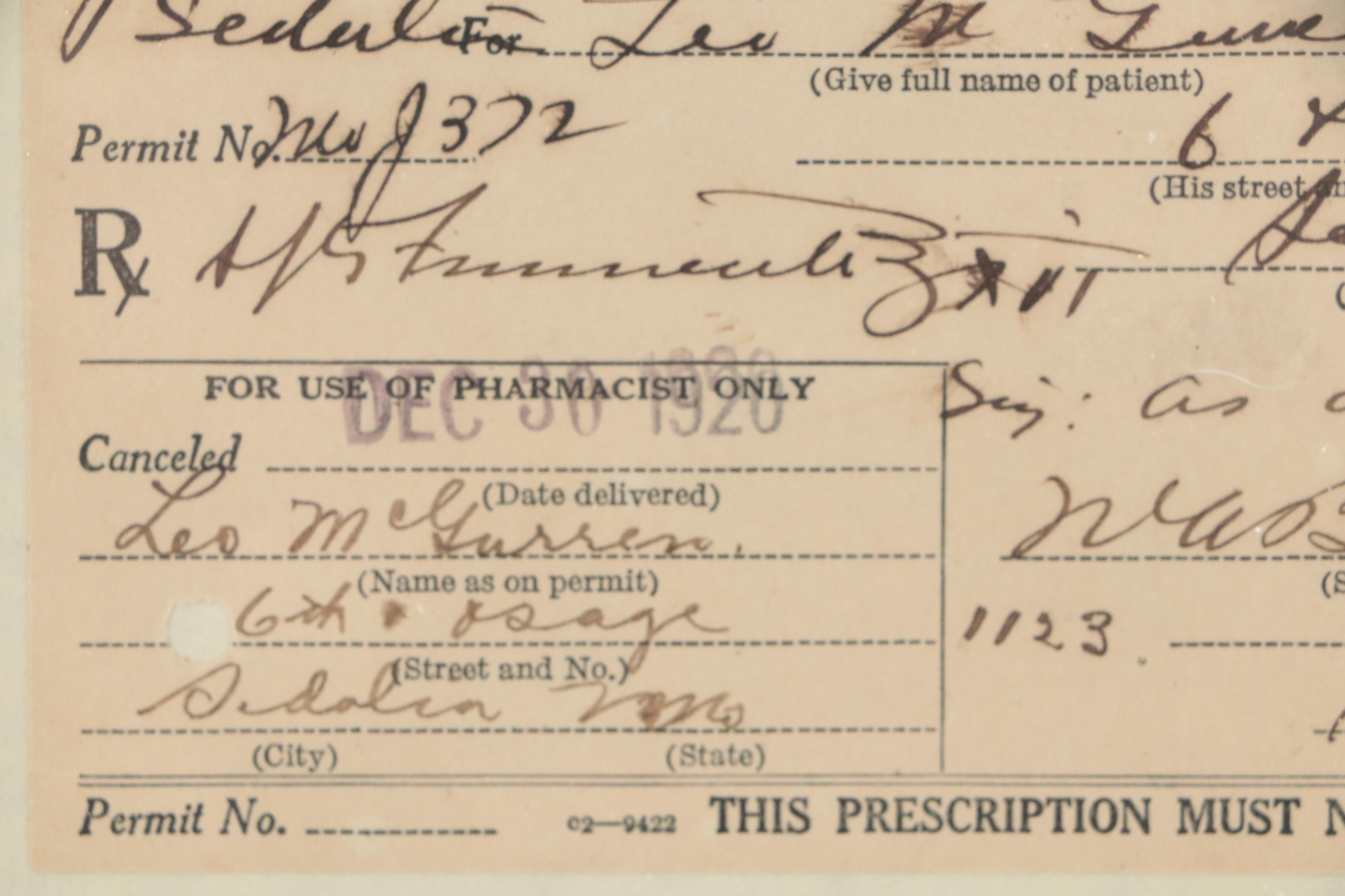 National Prohibition Act Medicinal Liquor Prescription Form with Wood Frame
