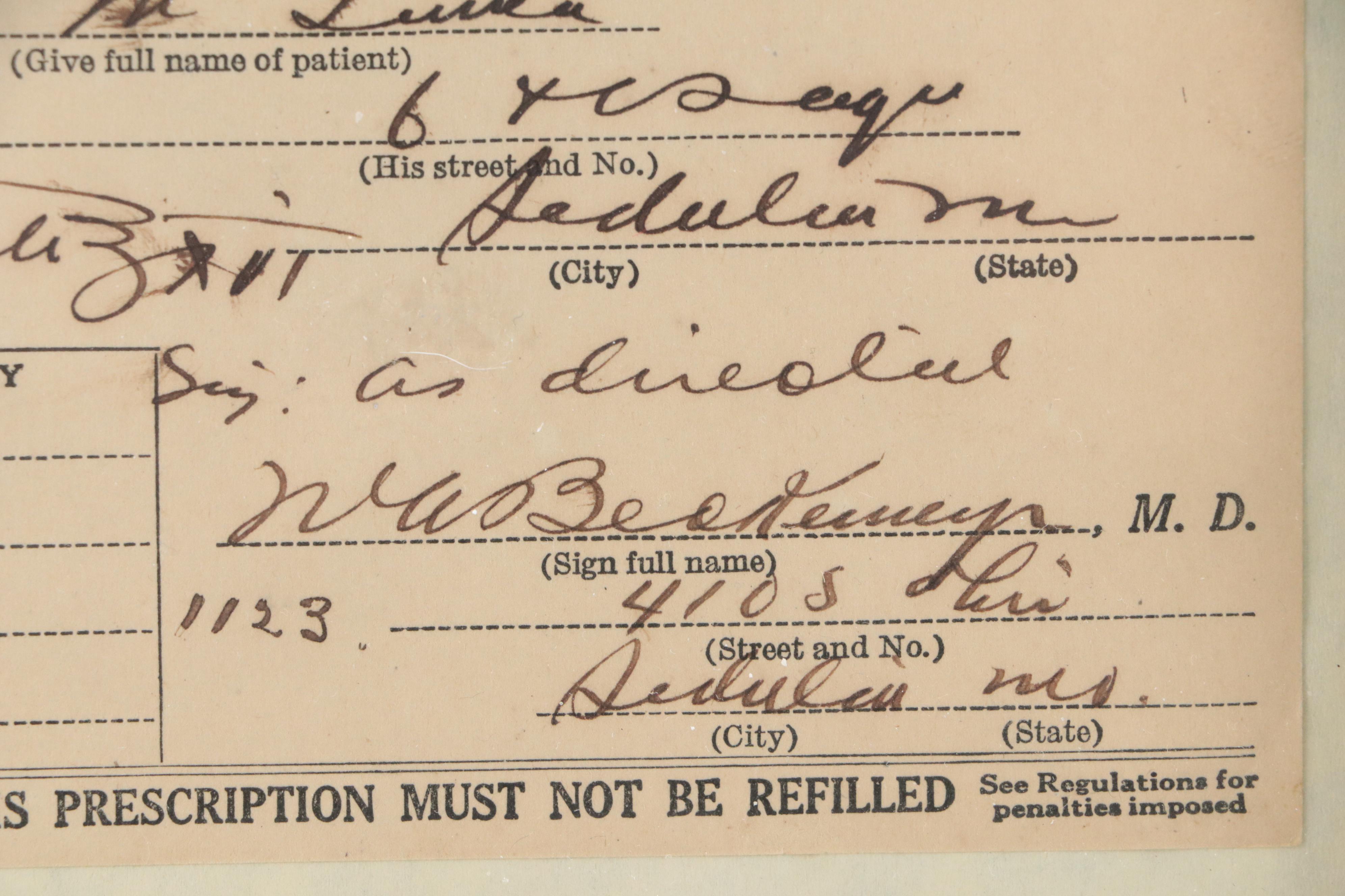 National Prohibition Act Medicinal Liquor Prescription Form with Wood Frame