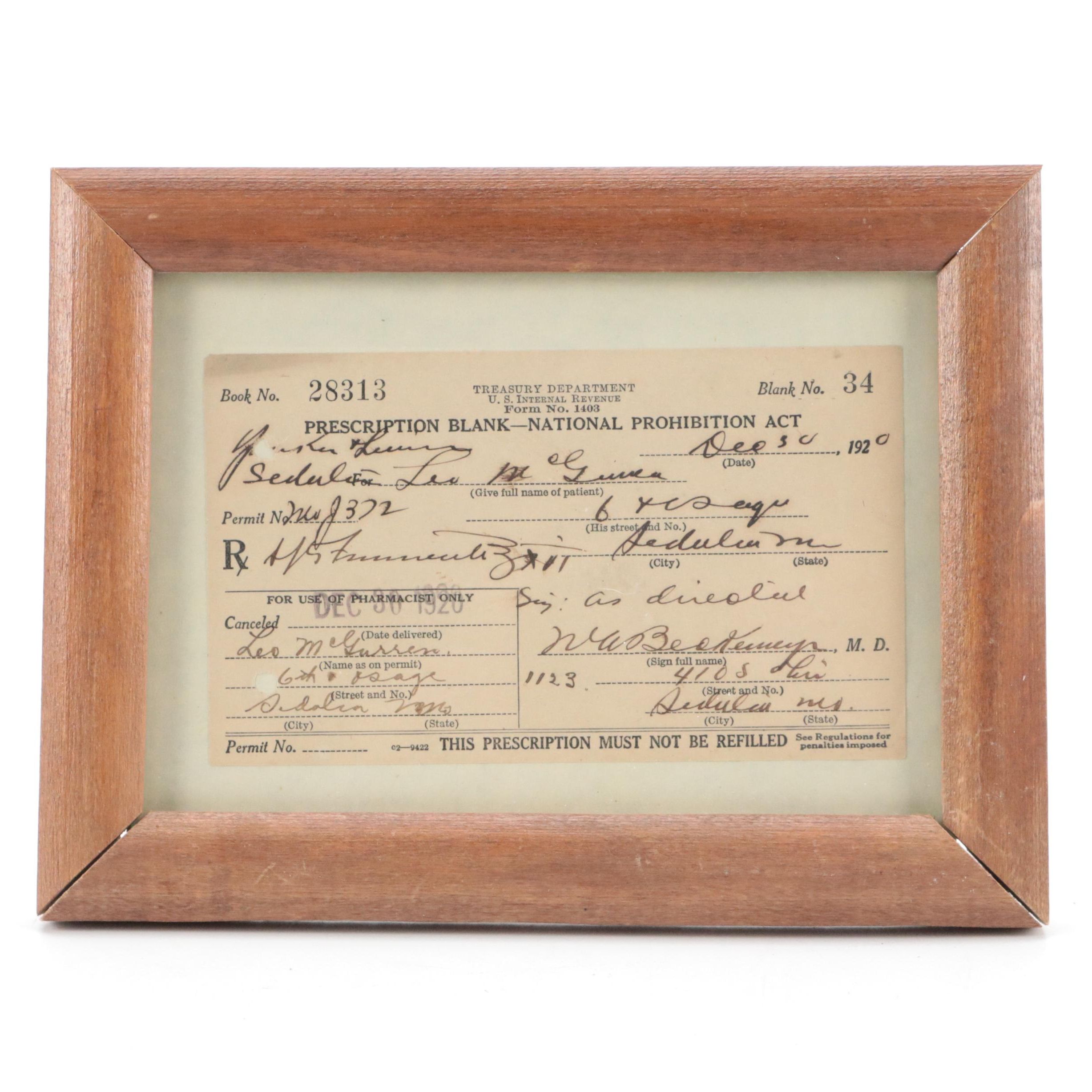 National Prohibition Act Medicinal Liquor Prescription Form with Wood Frame