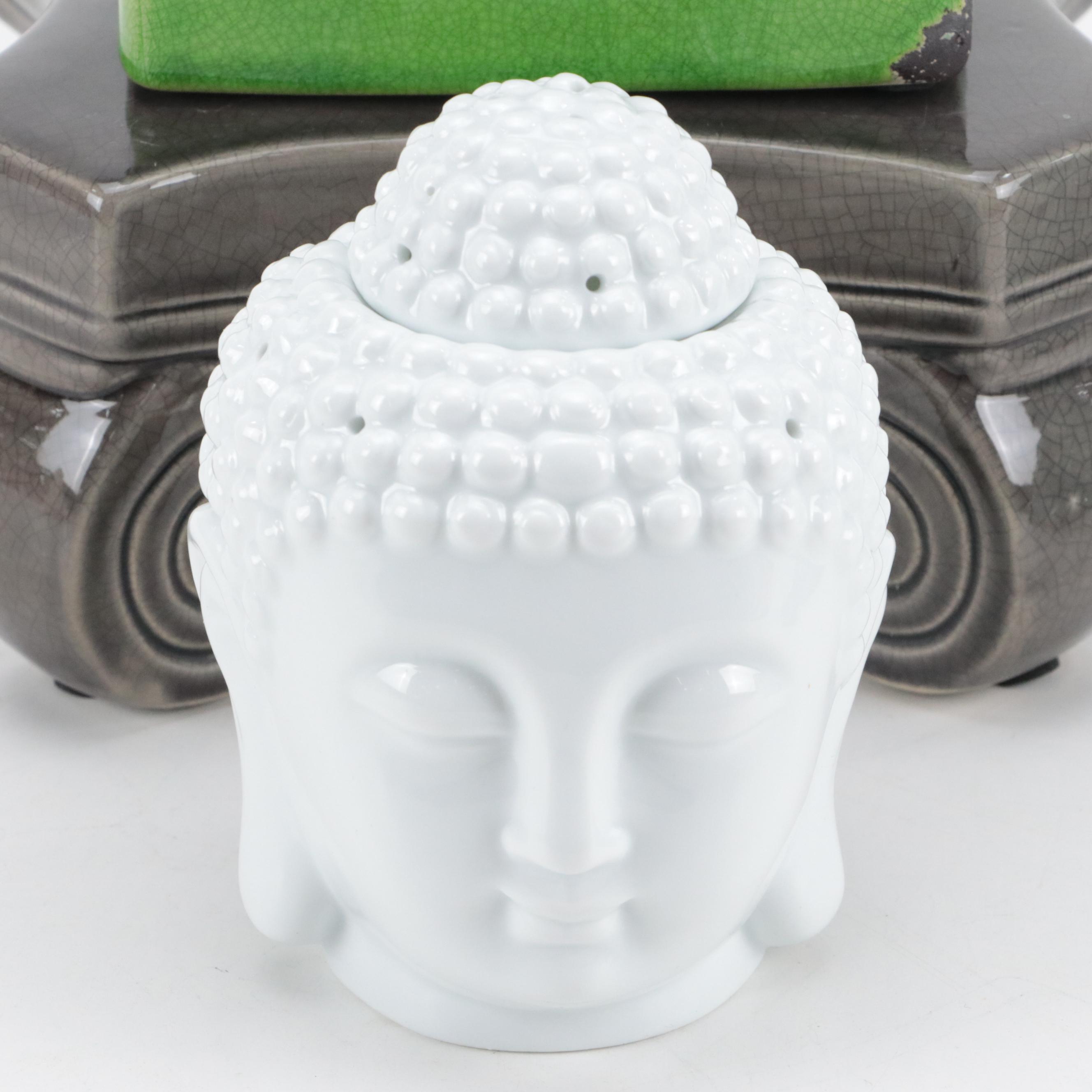 Three Hands Ceramic Pedestal Plant Stand with Buddha Statues and Wax Warmer