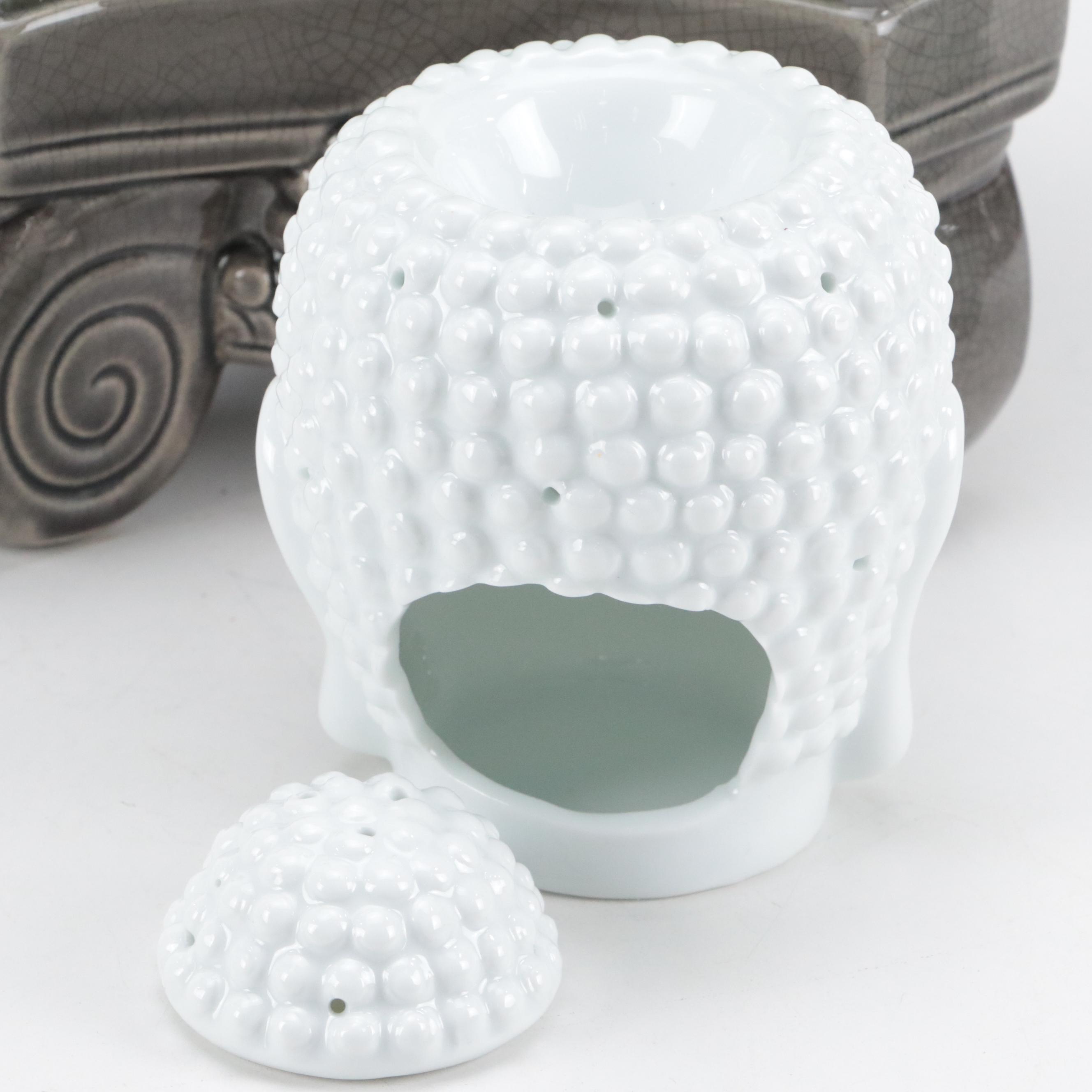 Three Hands Ceramic Pedestal Plant Stand with Buddha Statues and Wax Warmer