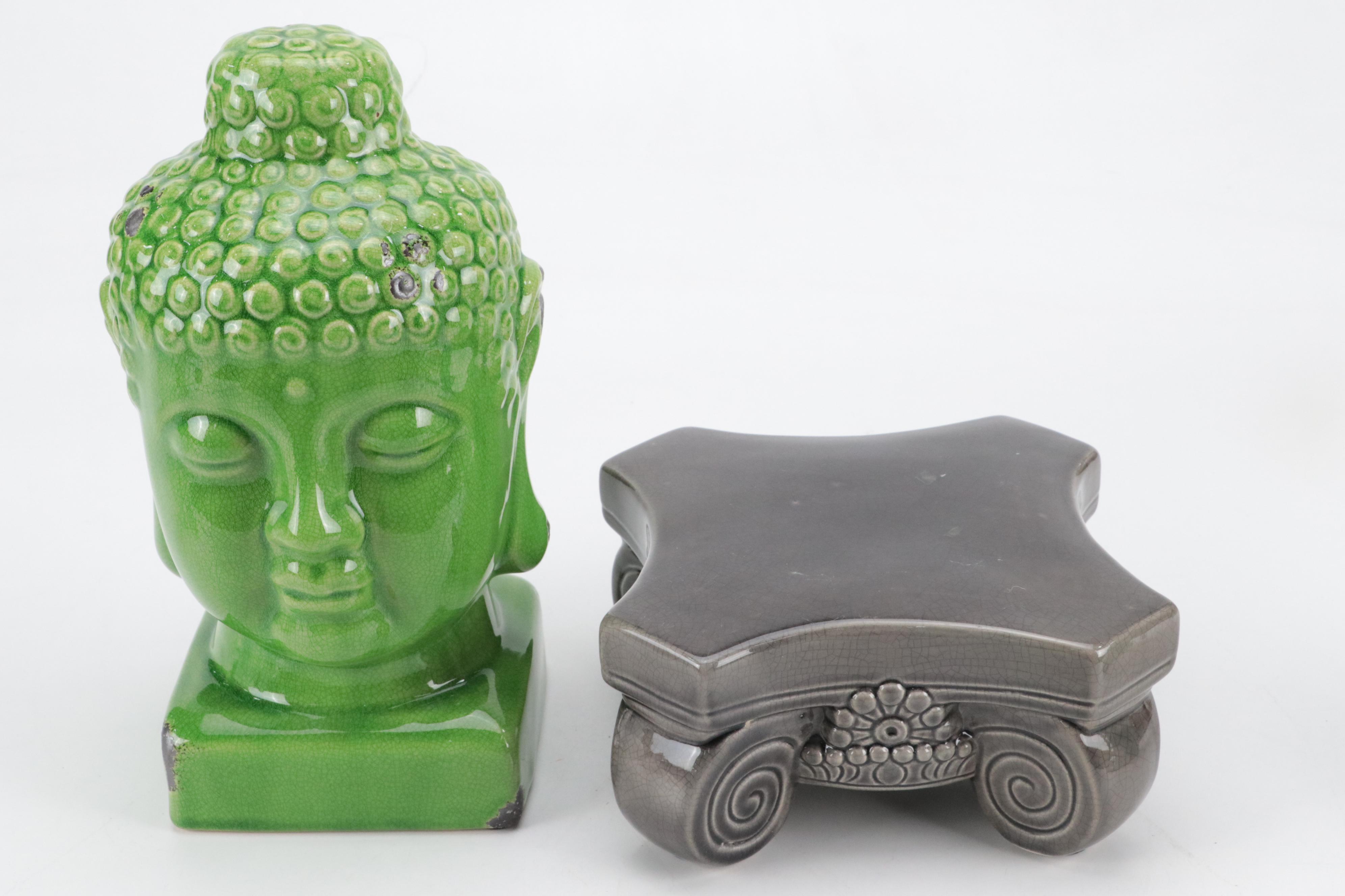Three Hands Ceramic Pedestal Plant Stand with Buddha Statues and Wax Warmer