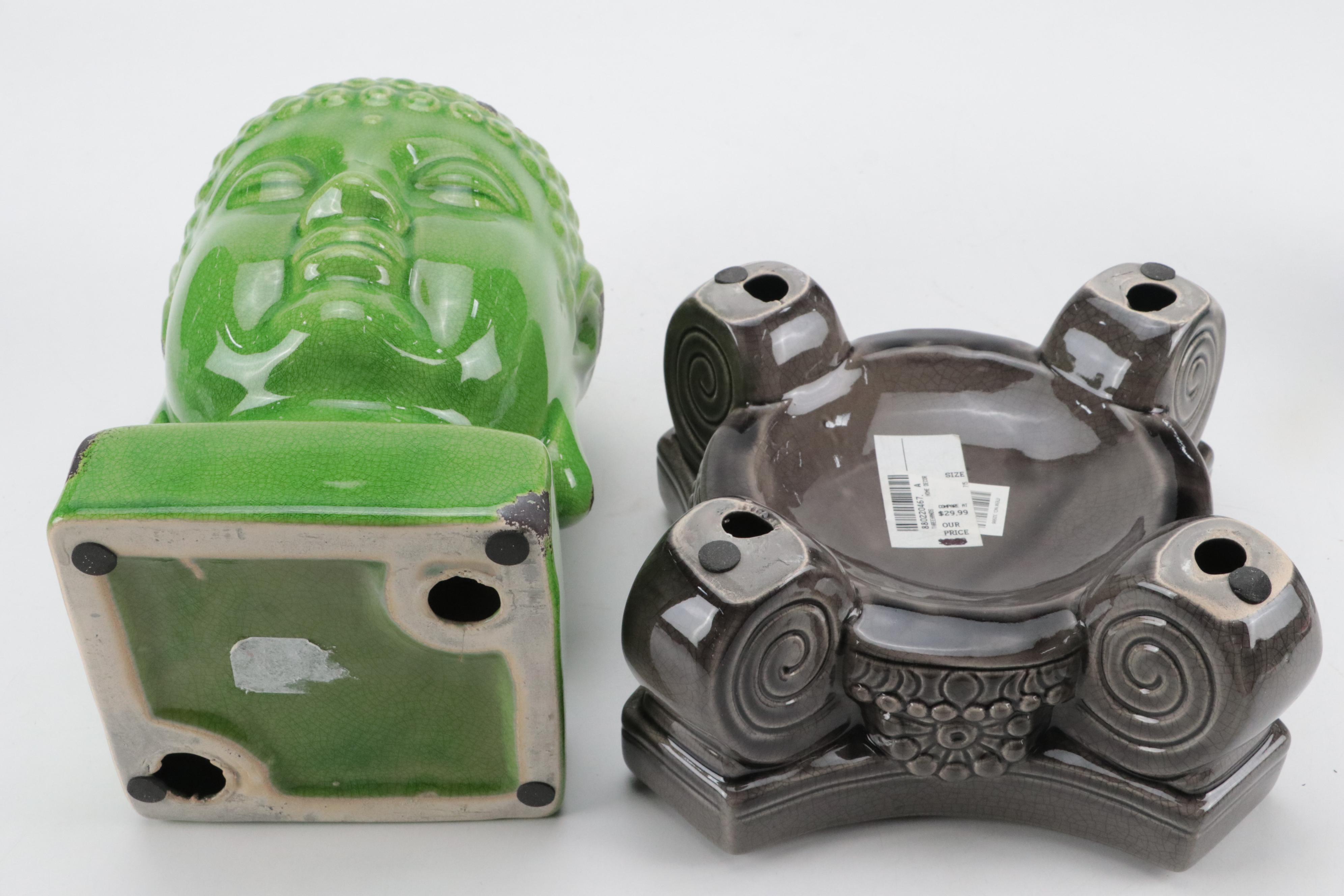 Three Hands Ceramic Pedestal Plant Stand with Buddha Statues and Wax Warmer