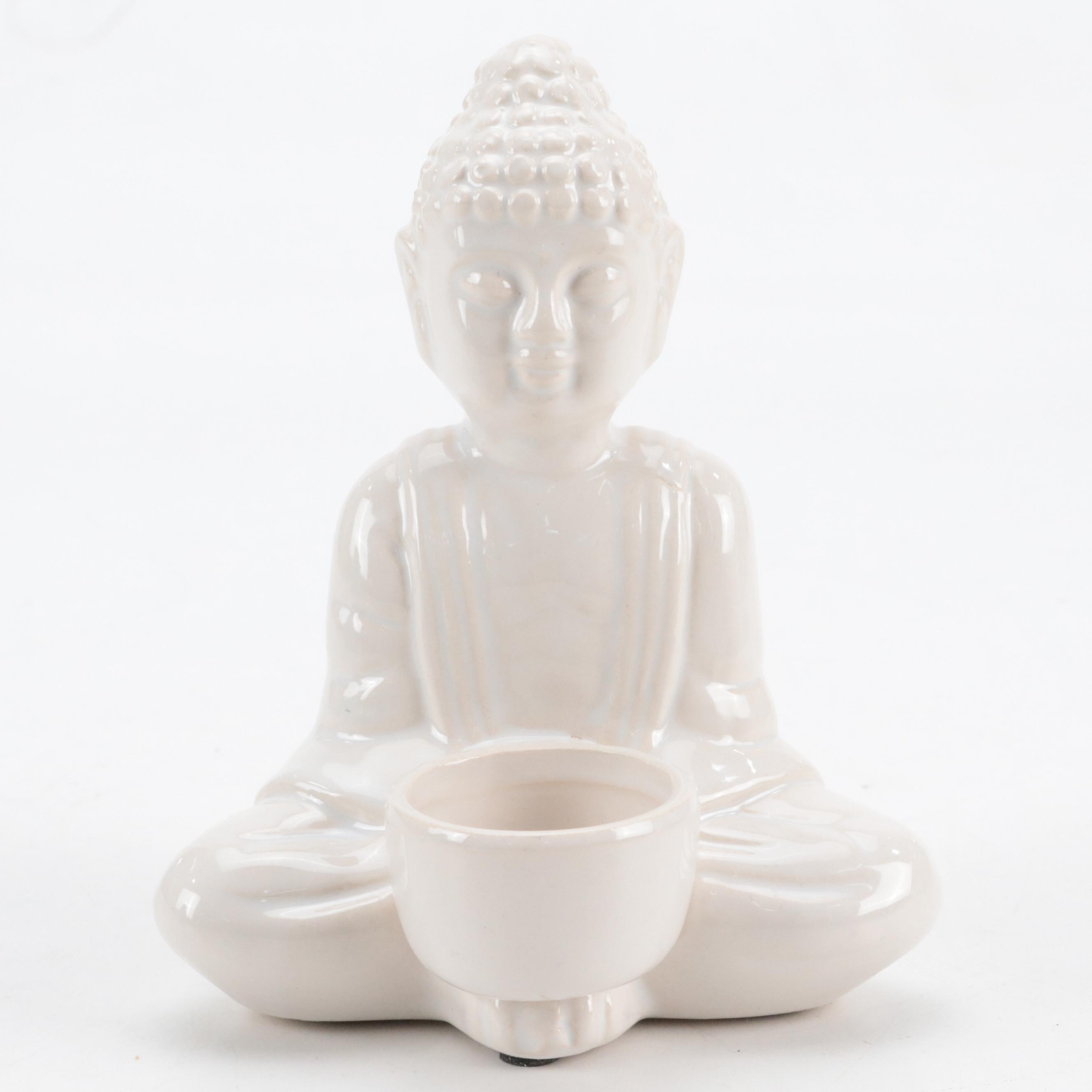 Three Hands Ceramic Pedestal Plant Stand with Buddha Statues and Wax Warmer