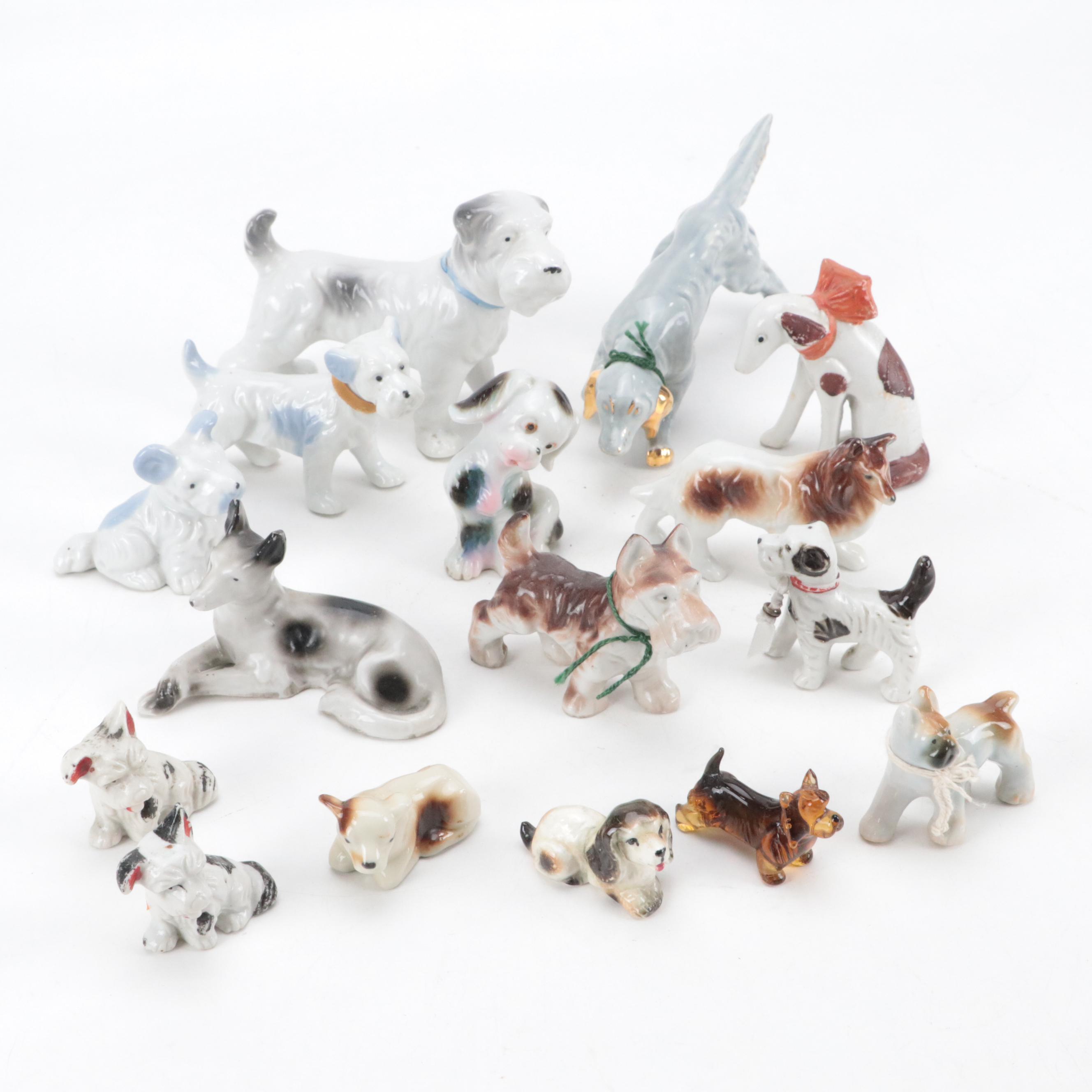 Blown Glass Dog Figurine with Japanese Ceramic Dog and Cow Figurines