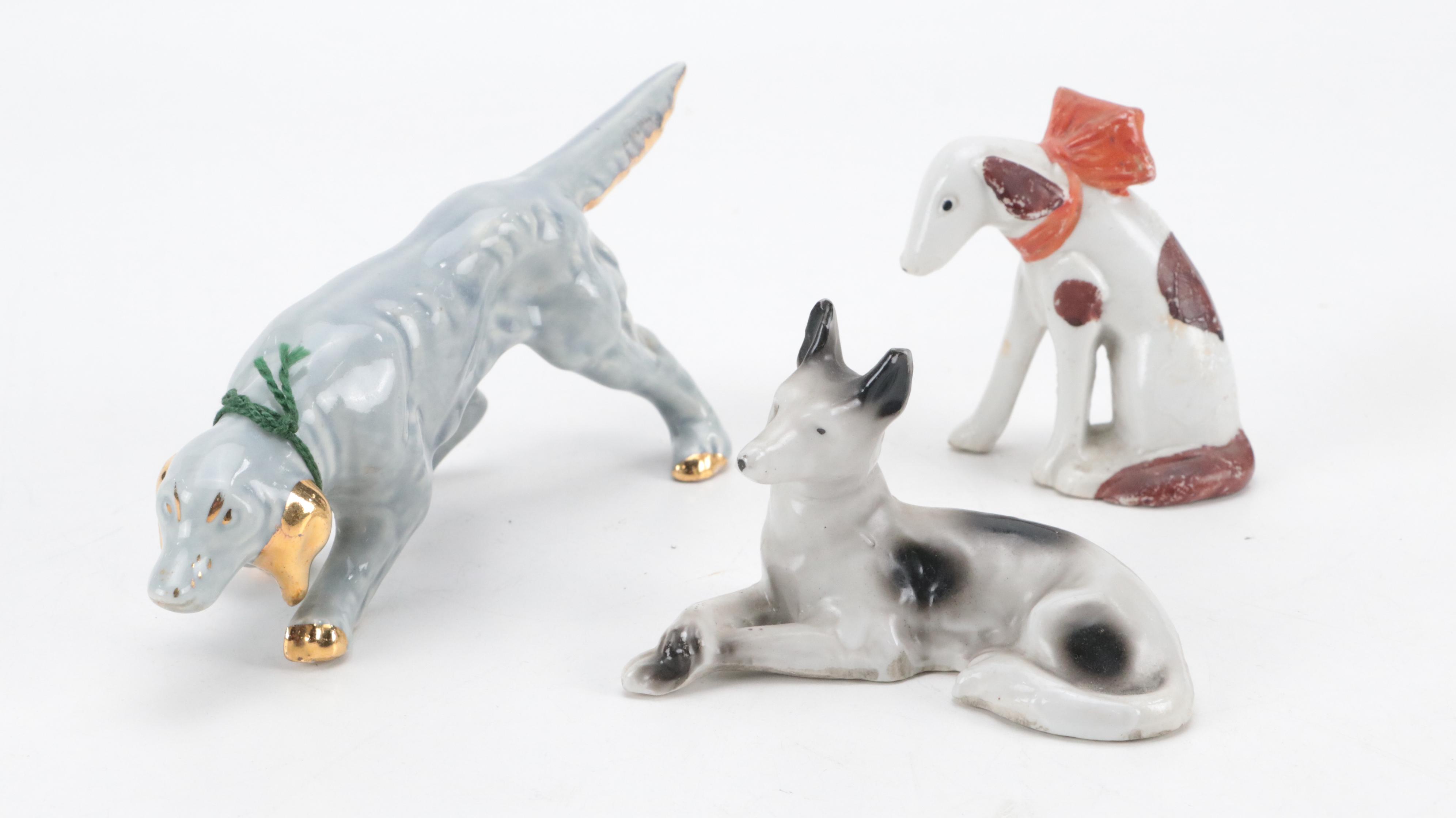 Blown Glass Dog Figurine with Japanese Ceramic Dog and Cow Figurines