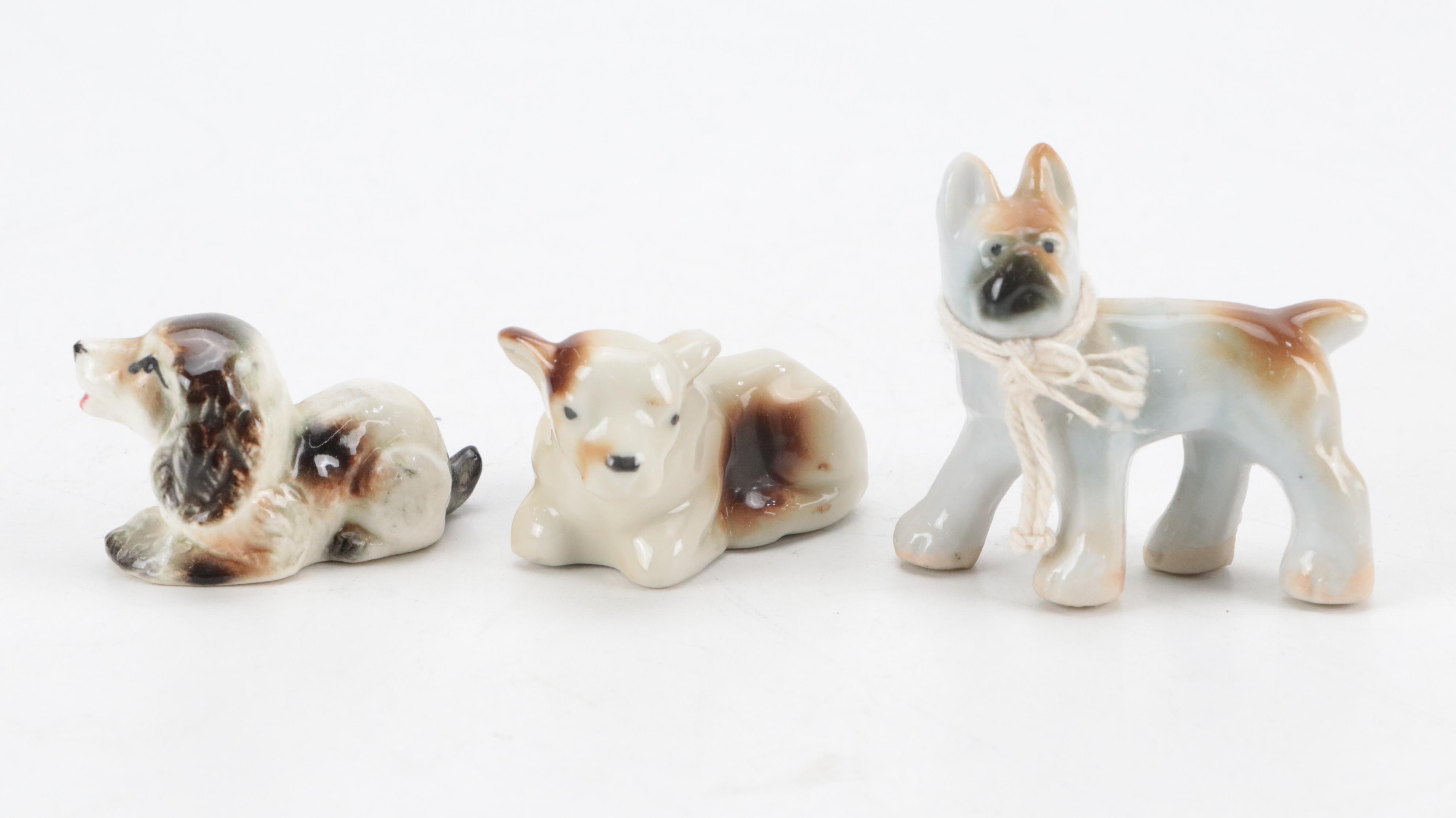 Blown Glass Dog Figurine with Japanese Ceramic Dog and Cow Figurines
