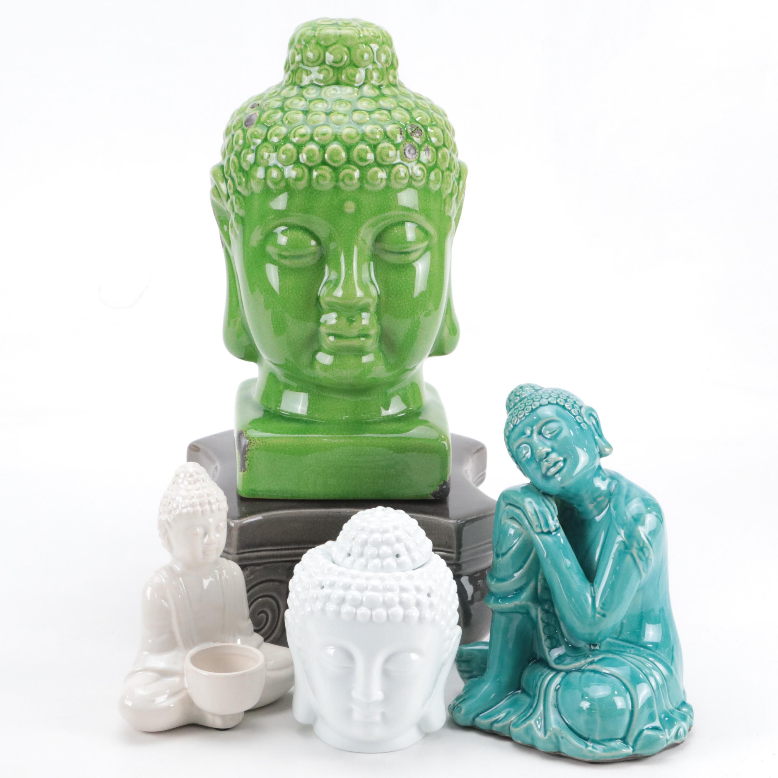 Three Hands Ceramic Pedestal Plant Stand with Buddha Statues and Wax Warmer